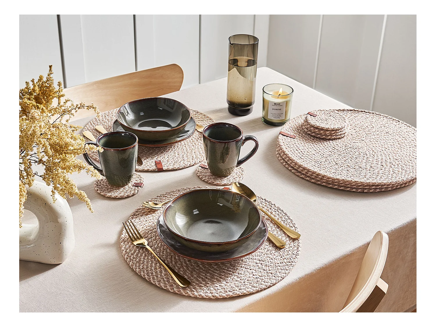 Placemats en onderzetters set PIPTURUS Natuurlijk Jute