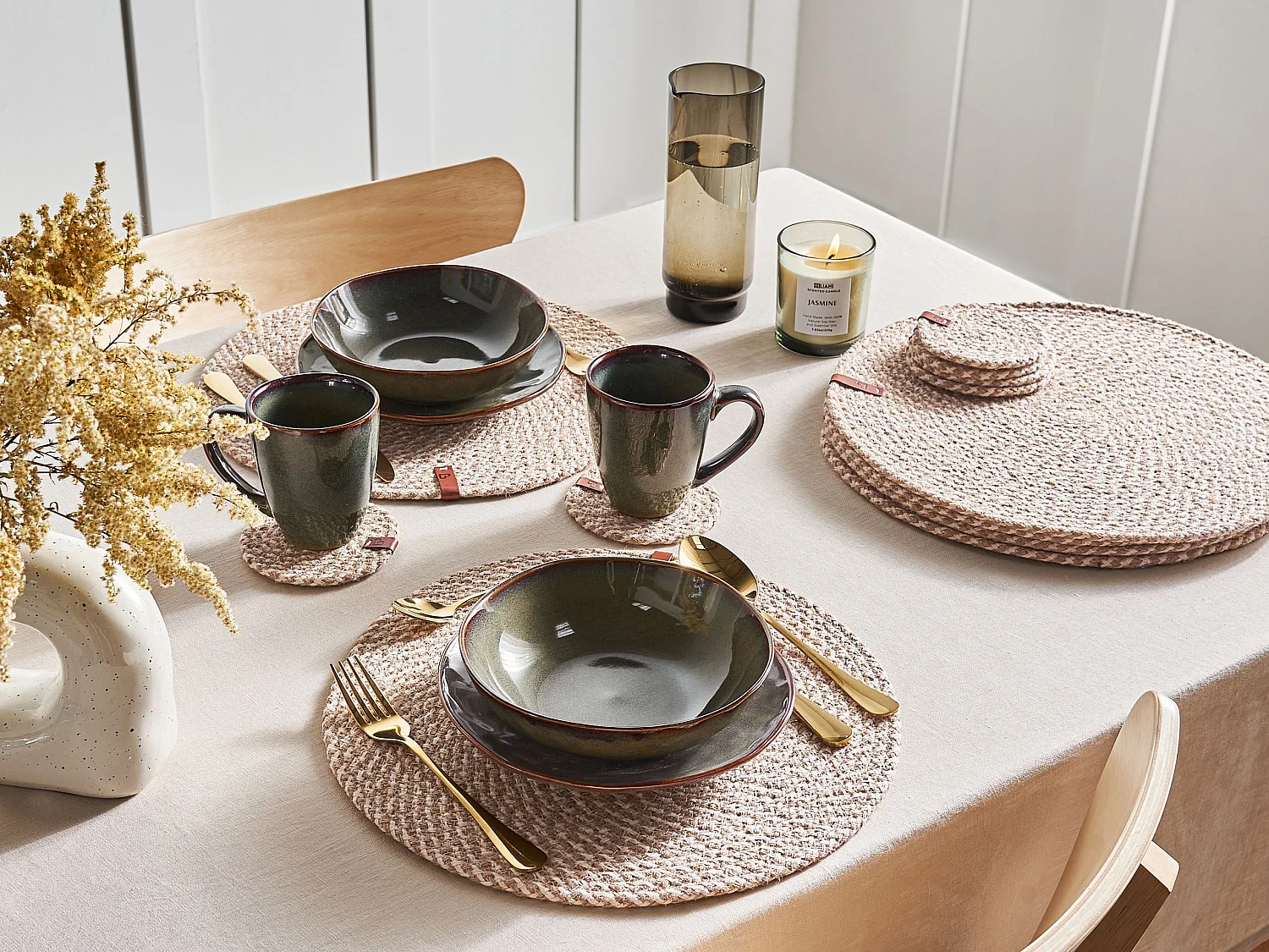 6 Personen Tischset mit Untersetzern Jute natürlich rund 12-teilig Boho Pipturus