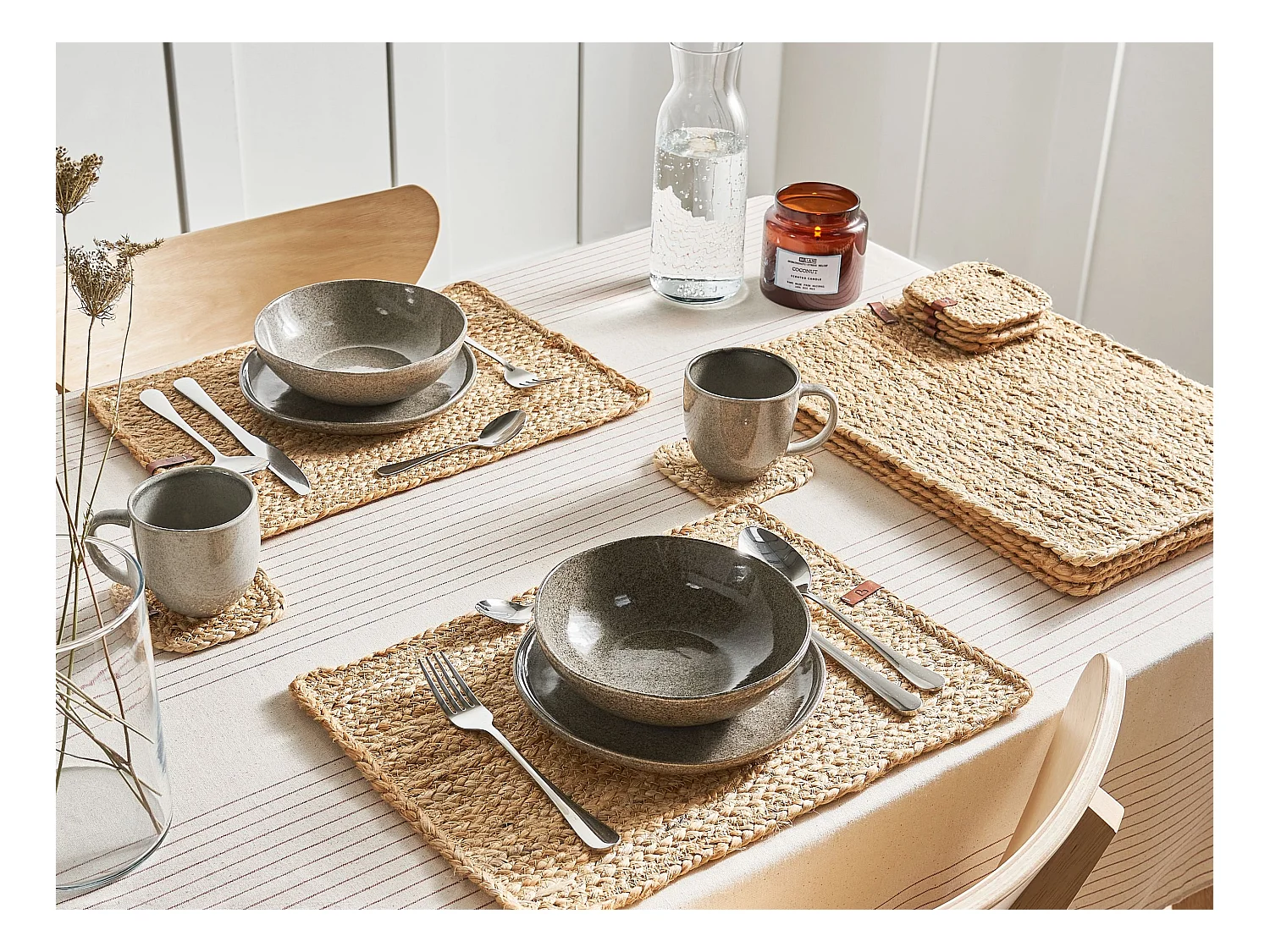 Placemats en onderzetters set QUANDONG Natuurlijk Jute