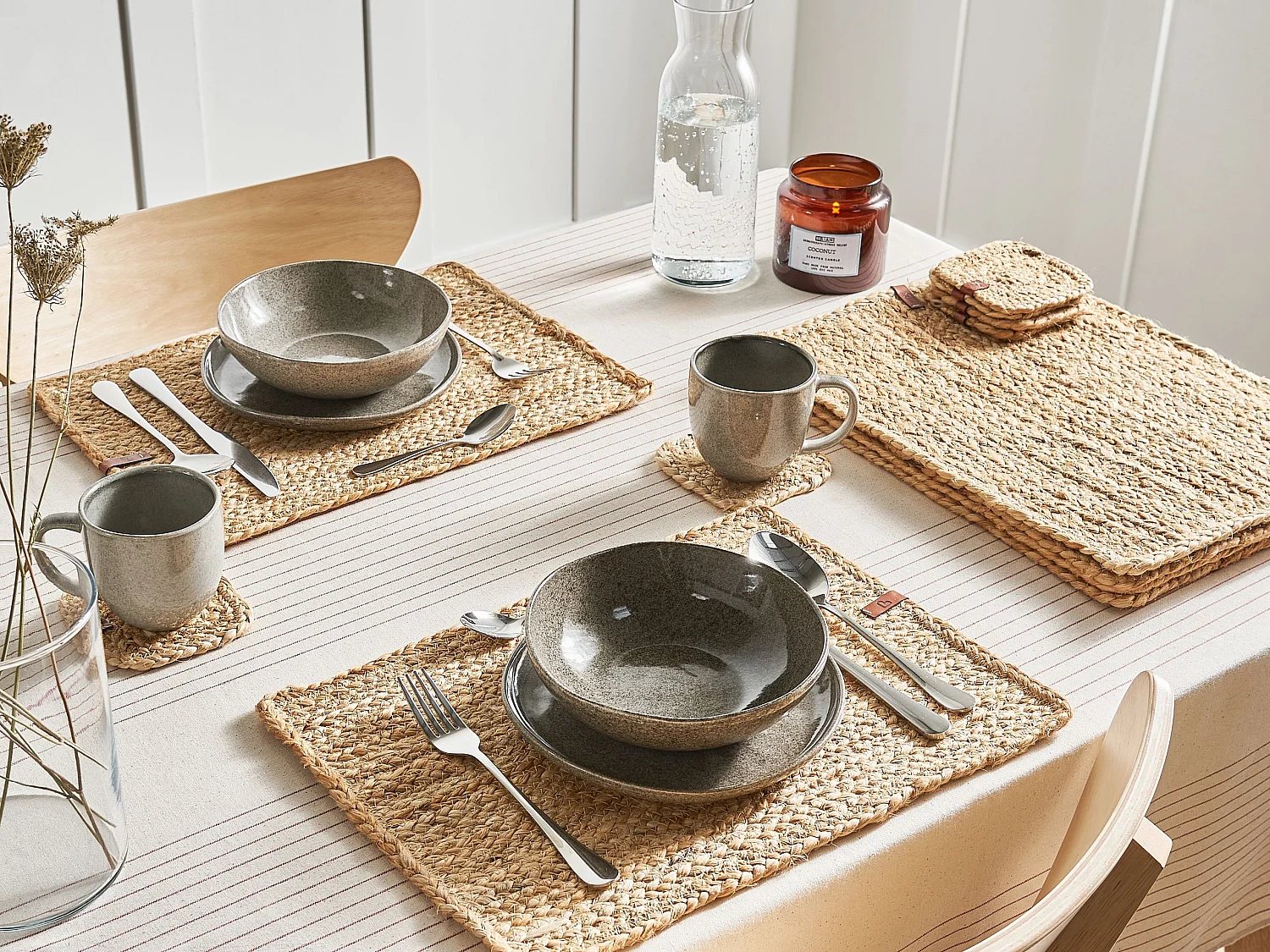 Ensemble sets de table et sous-verres QUANDONG Naturel Jute