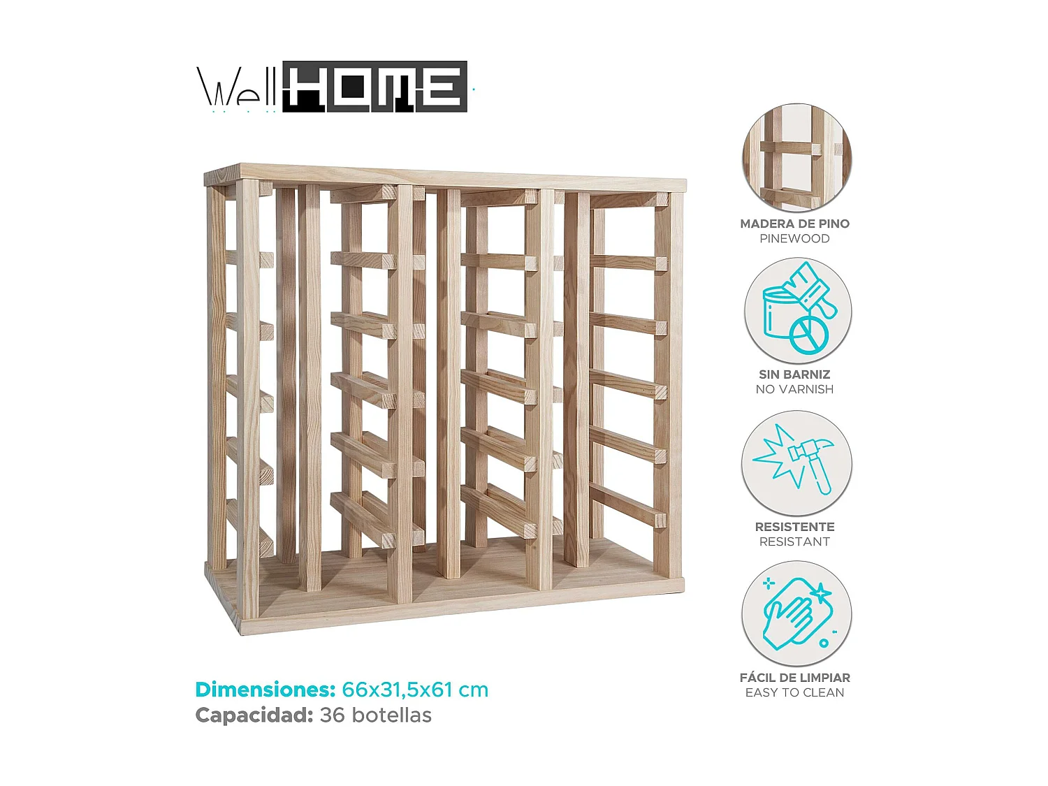 WELL HOME - Casier à bouteilles en bois de pin 36 étagères NON VERNI