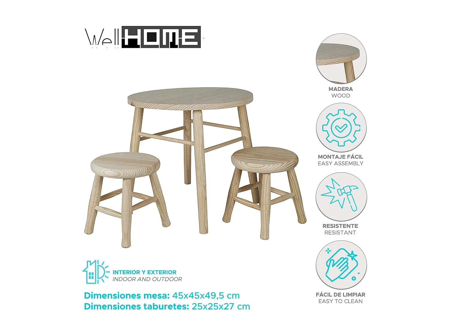 Ensemble table et chaise enfant en bois couleur naturel clair 45x45x49,5cm