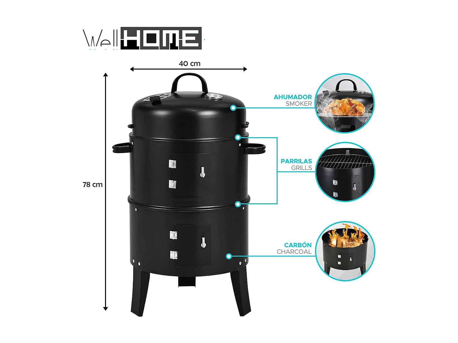 WELL HOME - Fumoir BBQ Ø40x78cm avec 2 grilles et thermomètre