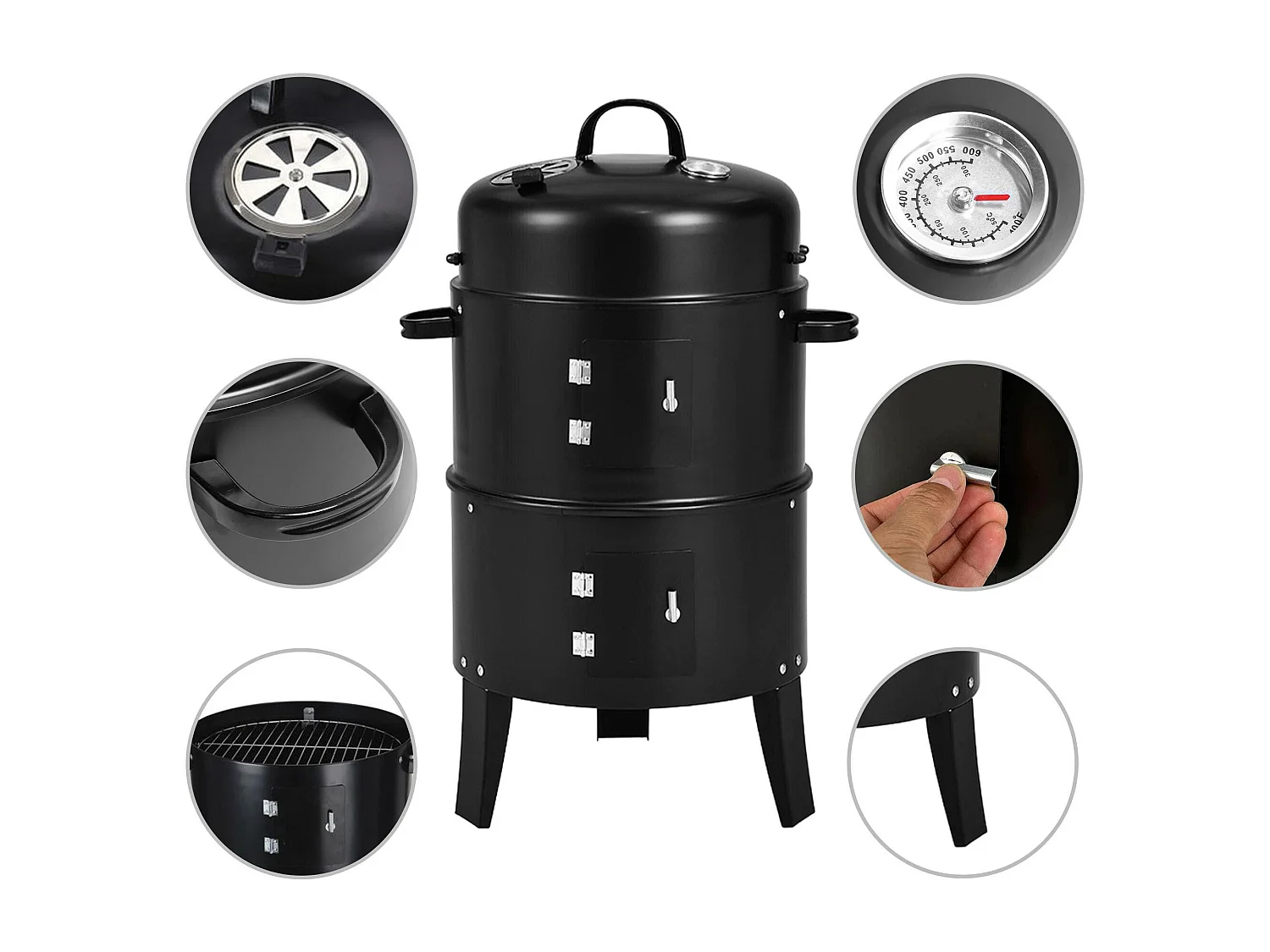 WELL HOME - Fumoir BBQ Ø40x78cm avec 2 grilles et thermomètre