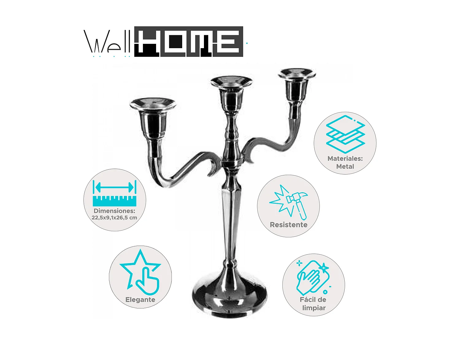 WELL HOME - Candélabre moderne en métal à 3 bras 22,5x9,1x26,5cm