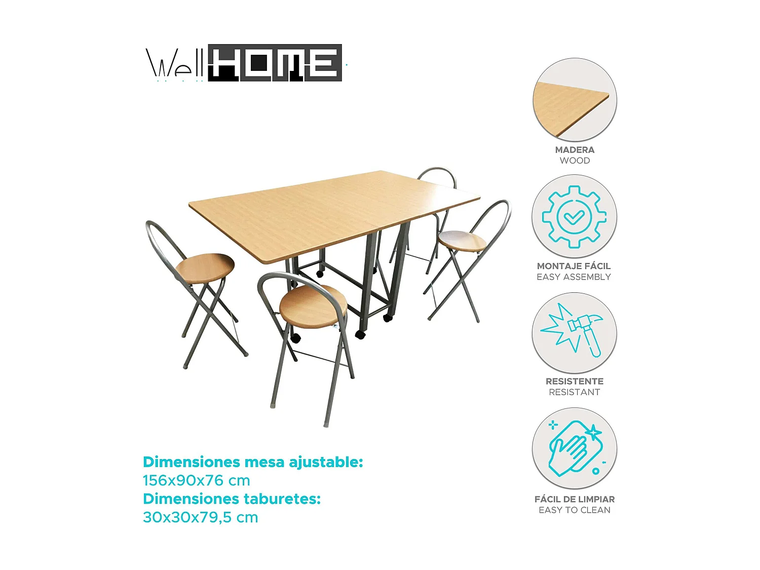 Book - Ensemble table et tabourets en bois naturel foncé 156 x 90 x 76 cm