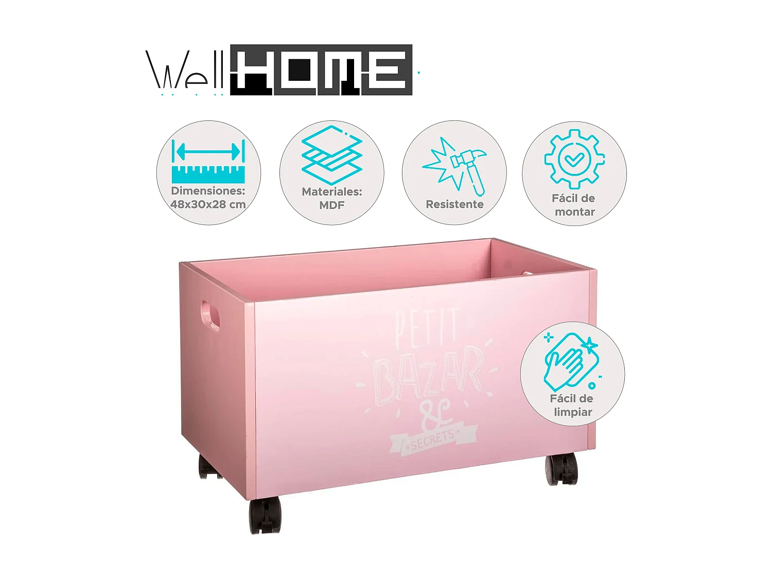 WELL HOME - Malle portagiochi rose avec ruote en MDF 48x28x28,5 cm