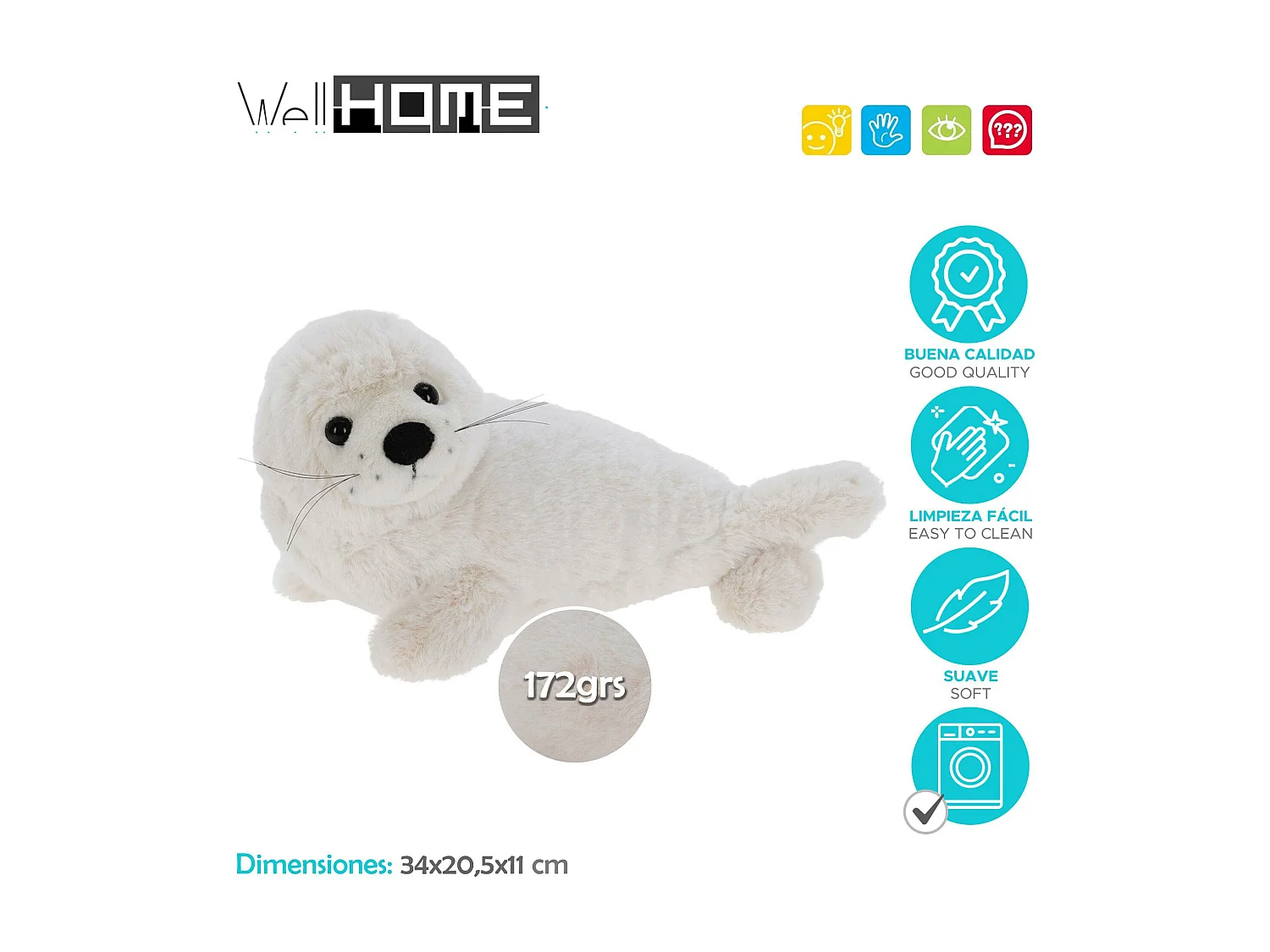 WELL HOME - Adorable peluche design phoque blanc de 33 cm.