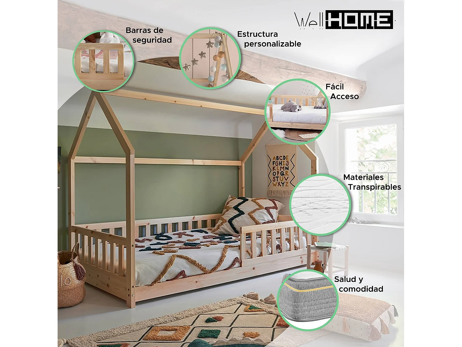 Bosco - Lit enfant et matelas en bois beige 195x98x148cm