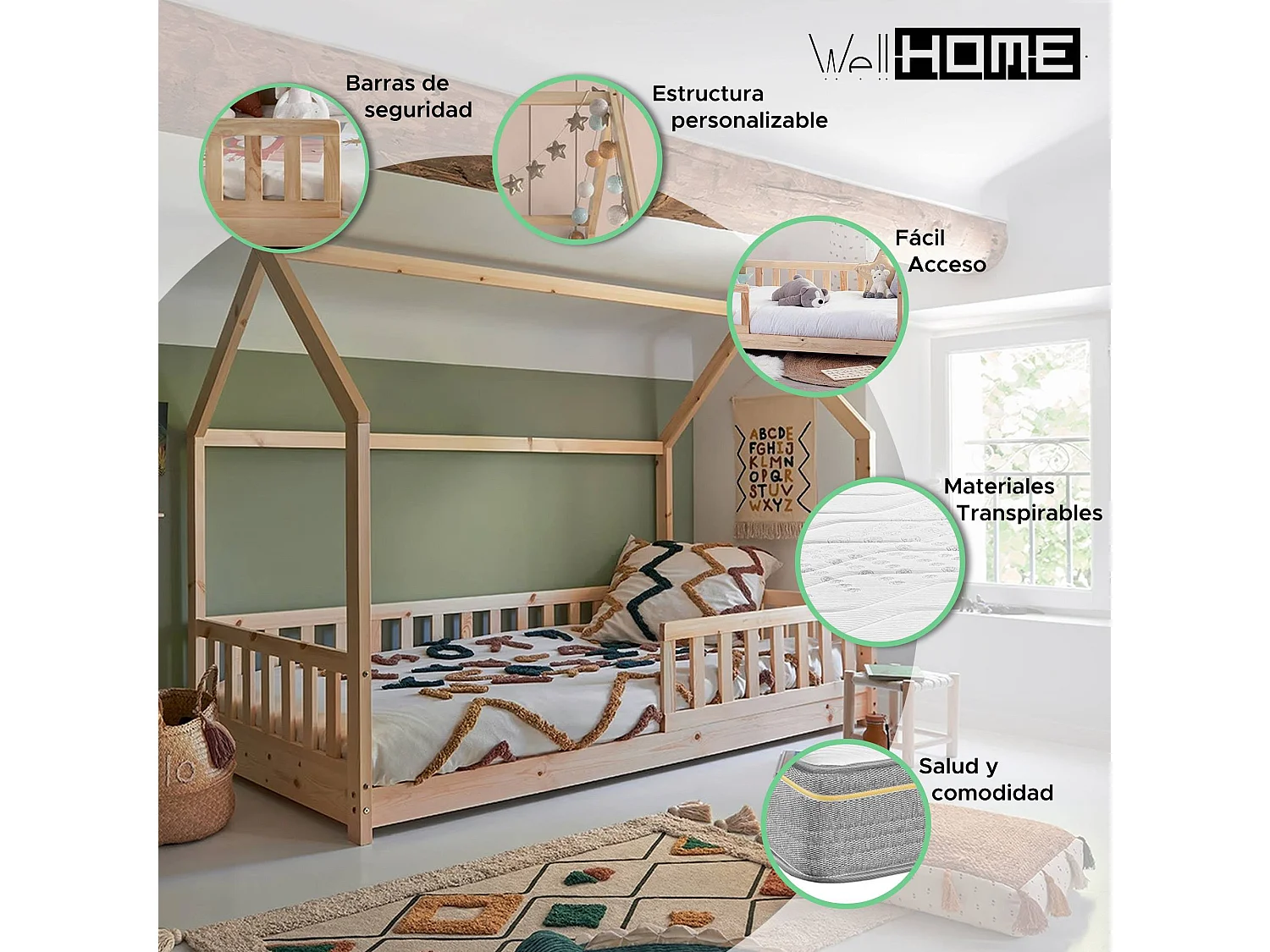 Bosco - Lit enfant et matelas en bois beige 195x98x148cm