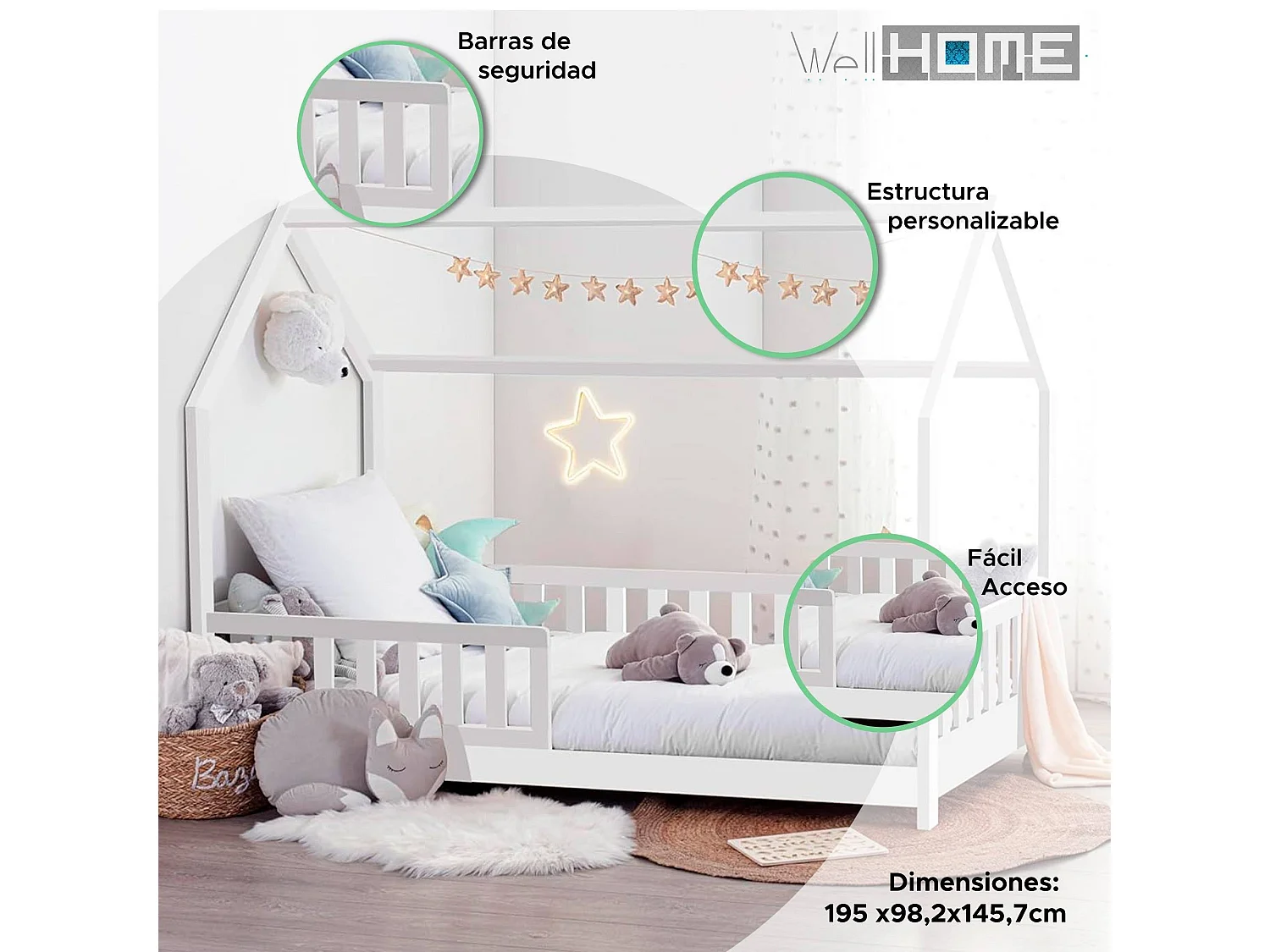 Bosco - Lit enfant et matelas en bois blanc 195x98x148cm