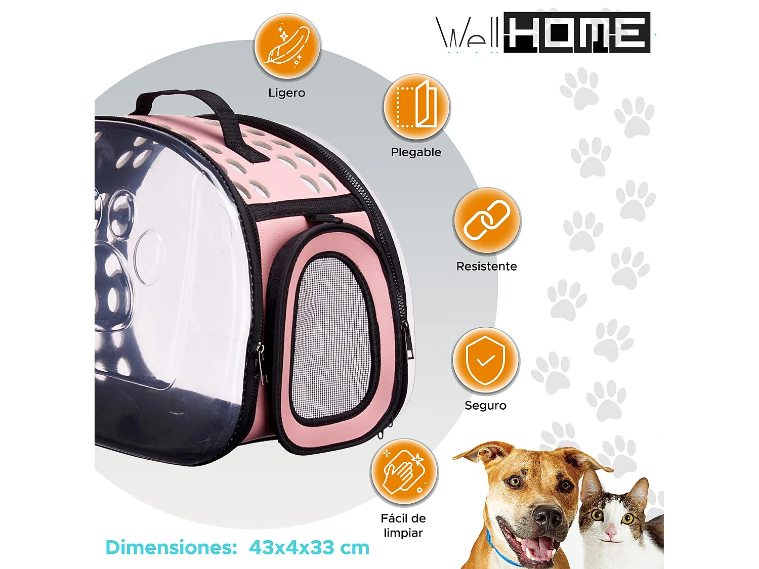 Caisse de transport pour animaux en polyester rose 43x4x33cm