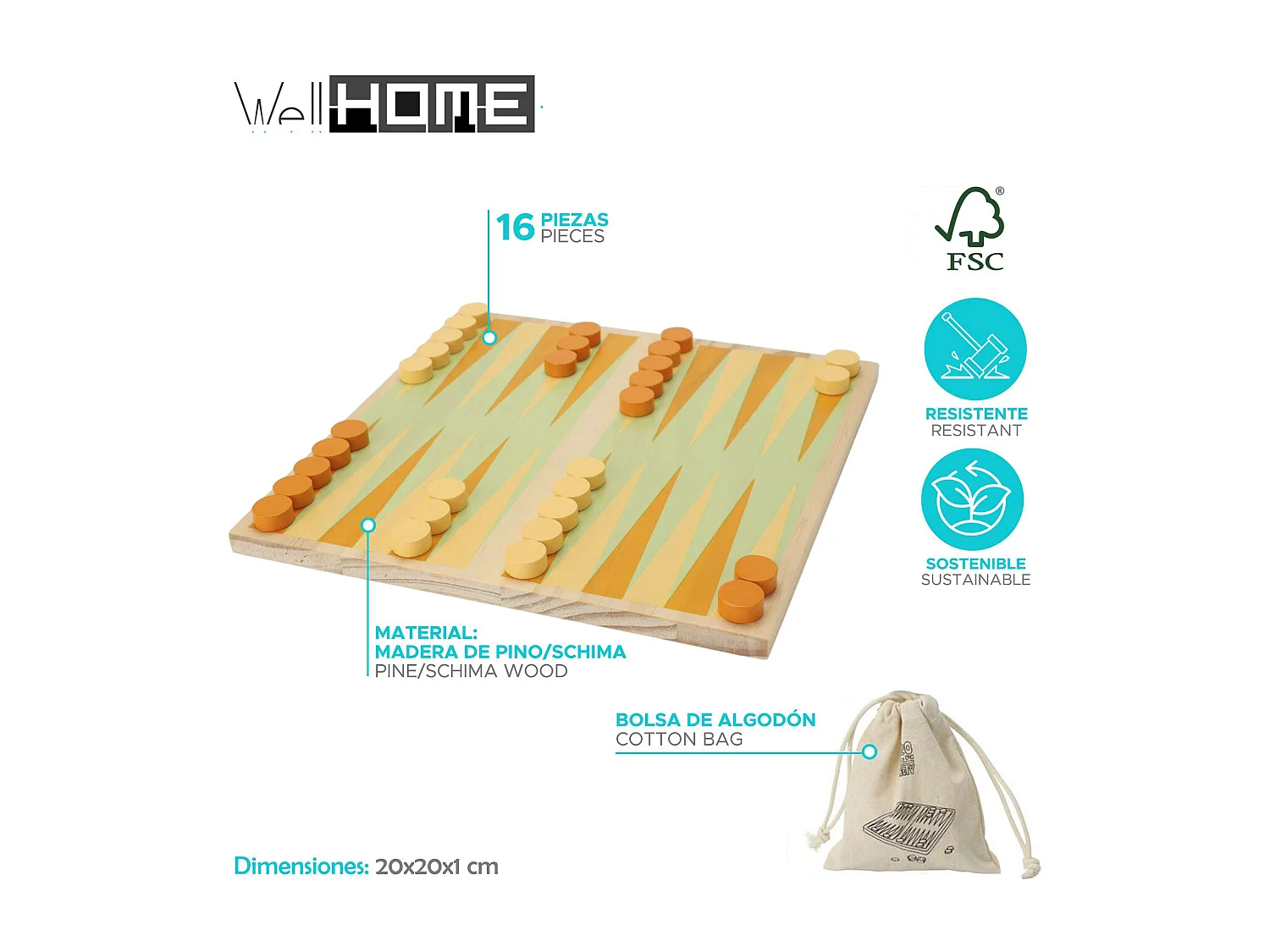 WELL HOME - Jeu de société BACKGAMMON avec sac en coton