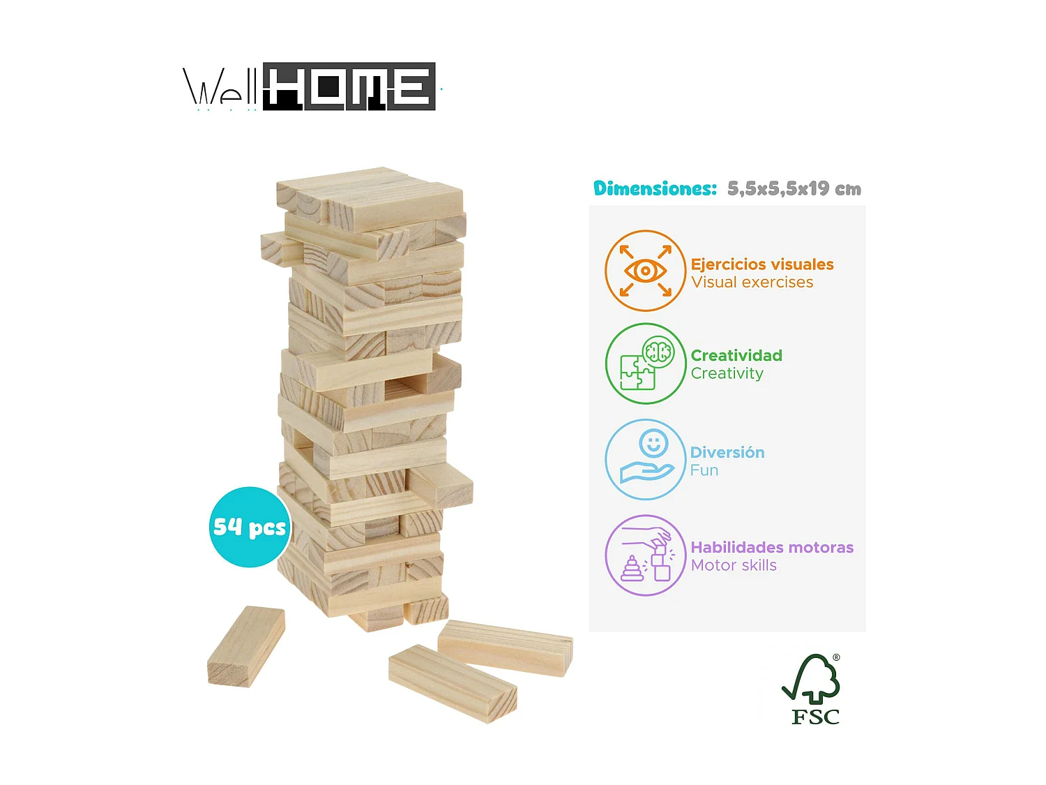 WELL HOME - Tour en bois empilable de 54 pièces