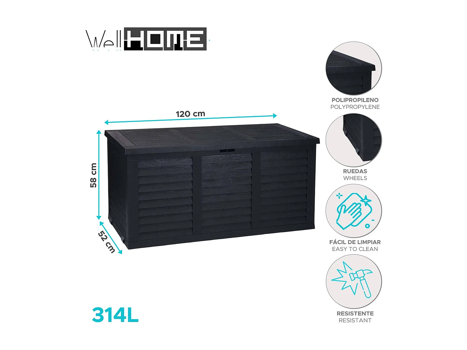 WELL HOME - Coffre de jardin "Hippo" de 314 litres idéal pour ranger les oggetti