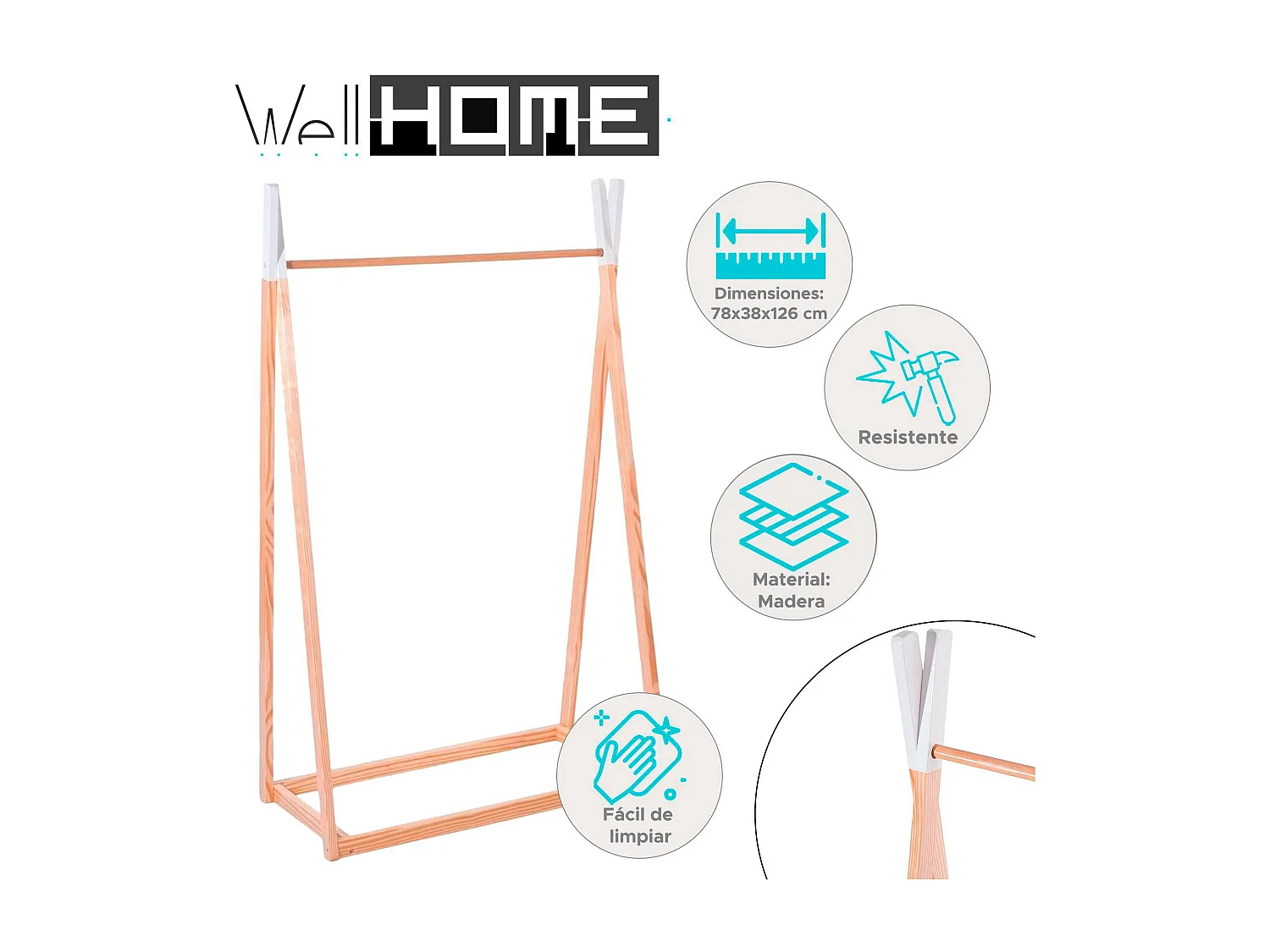 Well Home - Portemanteau Enfant en Bois - Coloris Naturel H.126 cm pratique et spacieux