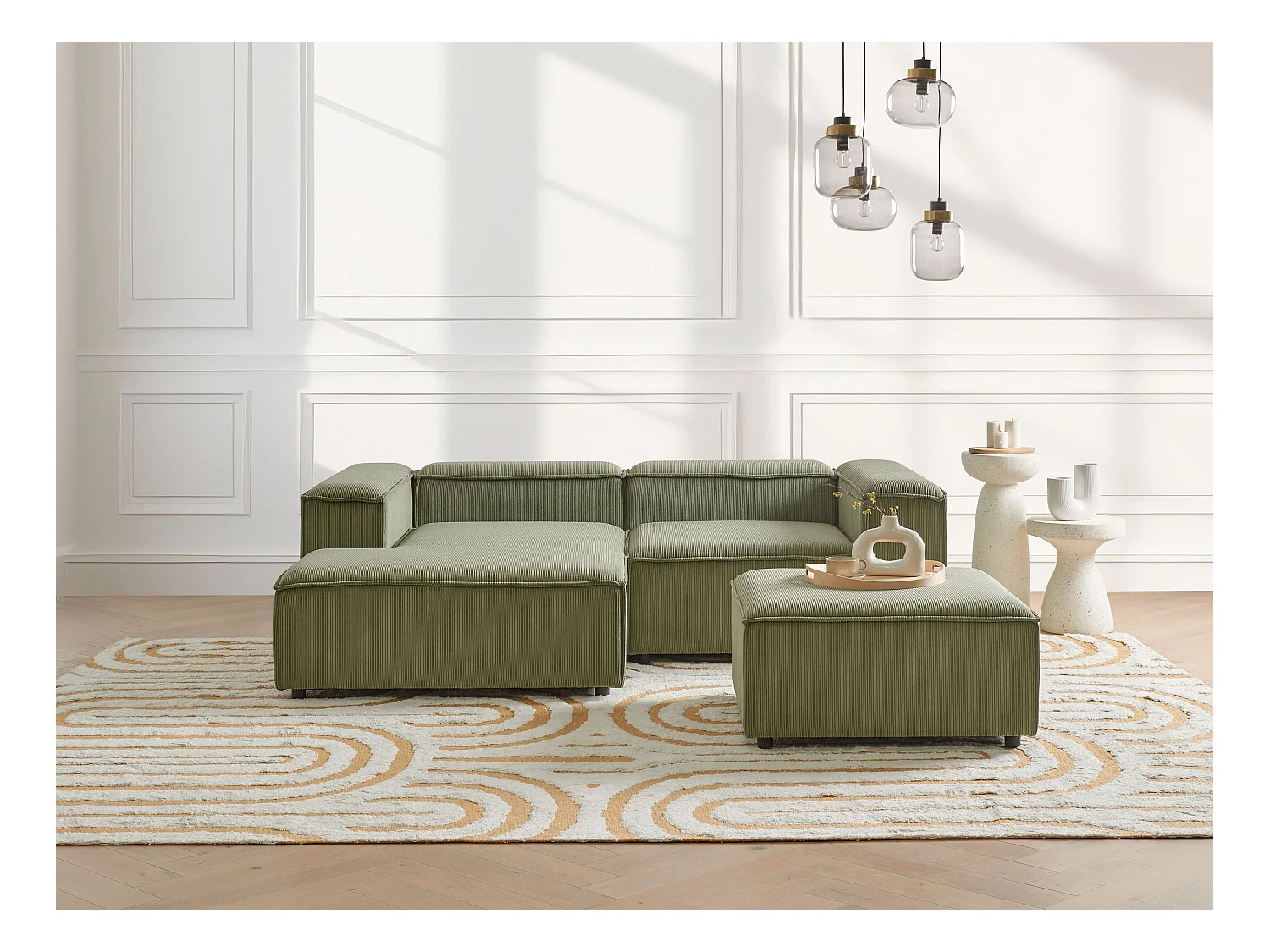 Canapé d'angle modulable 3 places ARDAL Velours côtelé Vert Côté droit