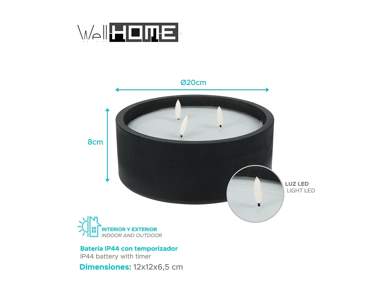 WELL HOME - Pack de 6 bougies LED rondes noires