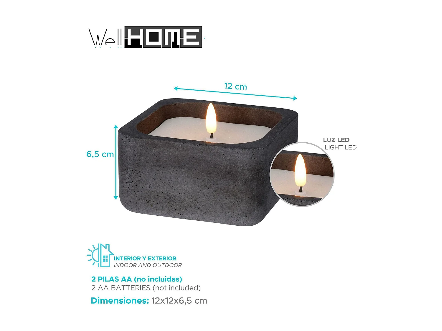 WELL HOME - Pack de 6 bougies LED carrées noires