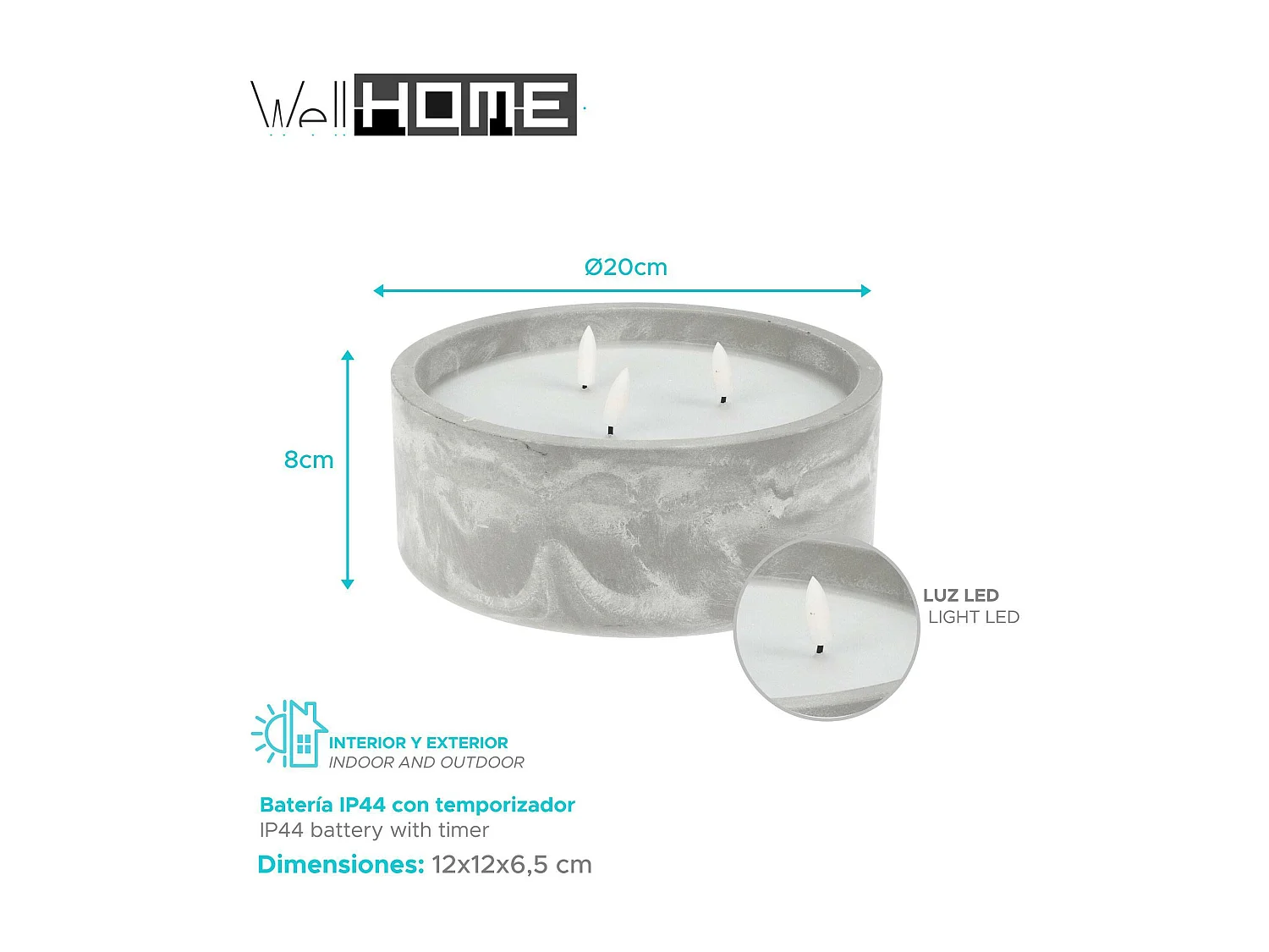 WELL HOME - Pack 3 bougies LED rondes marbre gris