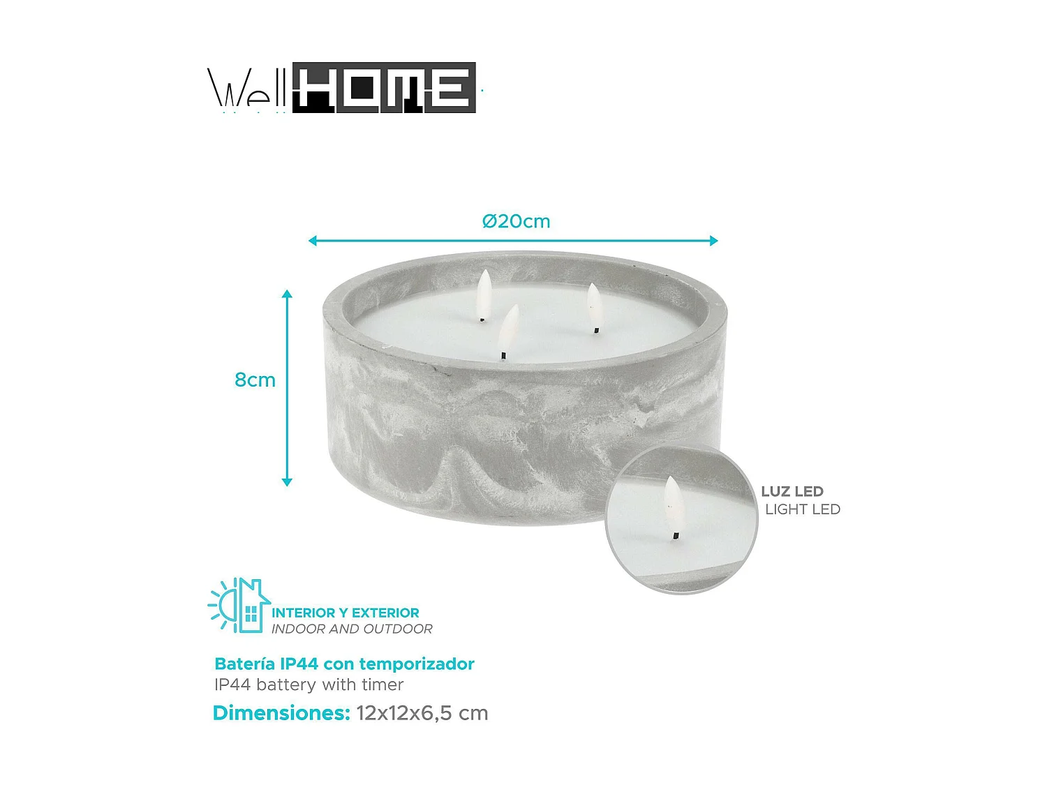 WELL HOME - Pack de 6 bougies LED rondes marbre gris