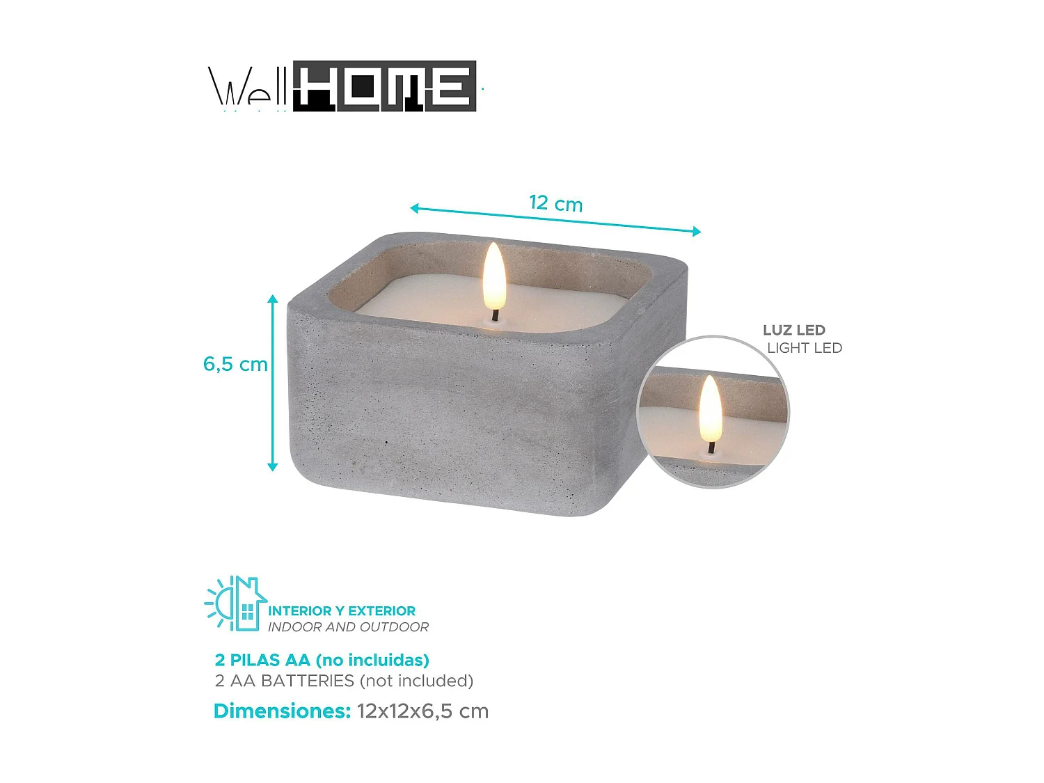 WELL HOME - Pack de 6 Bougies LED Carrées Grises