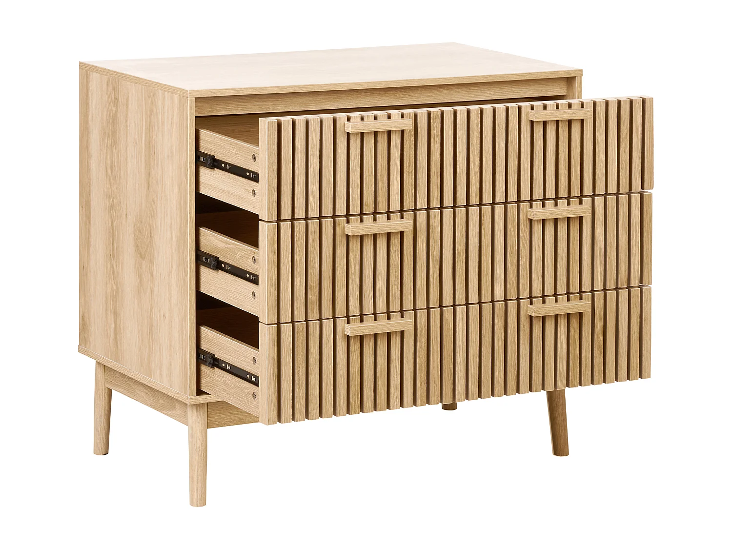 Kommode halbhoch heller Holzfarbton Lamellen-Optik mit 3 Schubladen Lynwood