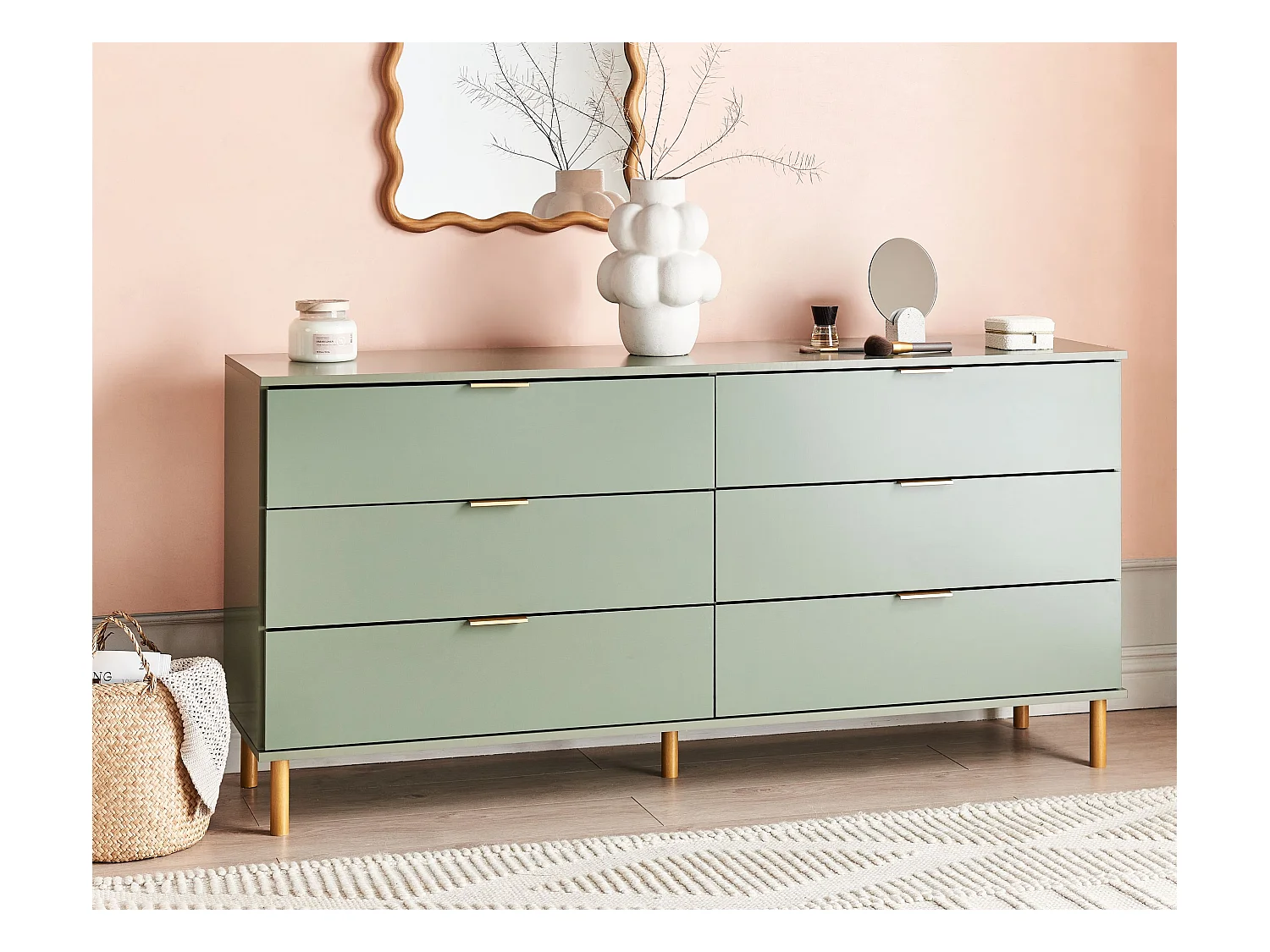 Kommode mit 6 Schubladen grün Holzfuße goldene Griffe Retro-Design Walpole