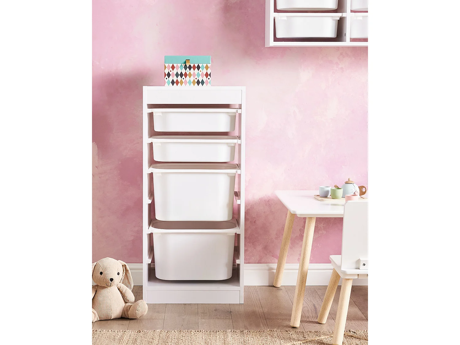 Regal mit 4 Aufbewahrungsboxen TOBIN Holzwerkstoff Weiss