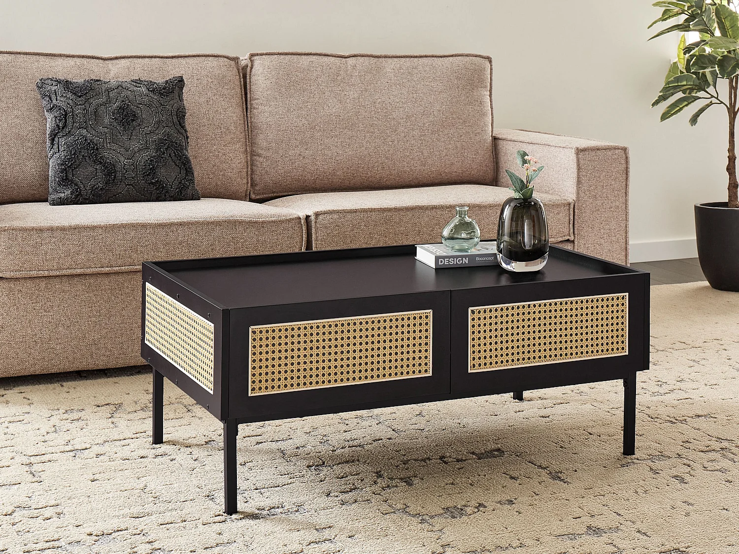 Table basse CULLEN Rotin Noir avec rangement