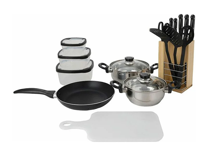 Ensemble de cuisine Well Home 18 pièces (1 poêle à frire + 2 casseroles + 1 planche à découper + 1 ciseaux + 3 ustensiles en nylon + 4 tupperware + 1 bloc en bois