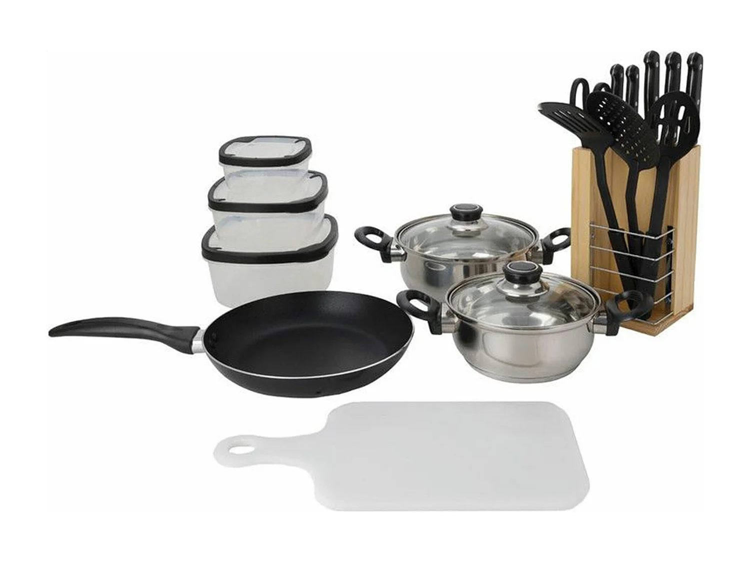 Ensemble de cuisine Well Home 18 pièces (1 poêle à frire + 2 casseroles + 1 planche à découper + 1 ciseaux + 3 ustensiles en nylon + 4 tupperware + 1 bloc en bois
