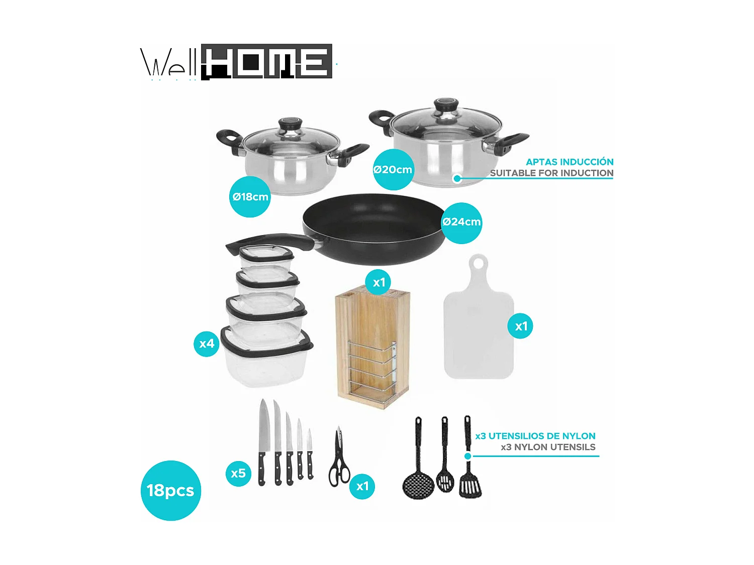 Ensemble de cuisine Well Home 18 pièces (1 poêle à frire + 2 casseroles + 1 planche à découper + 1 ciseaux + 3 ustensiles en nylon + 4 tupperware + 1 bloc en bois