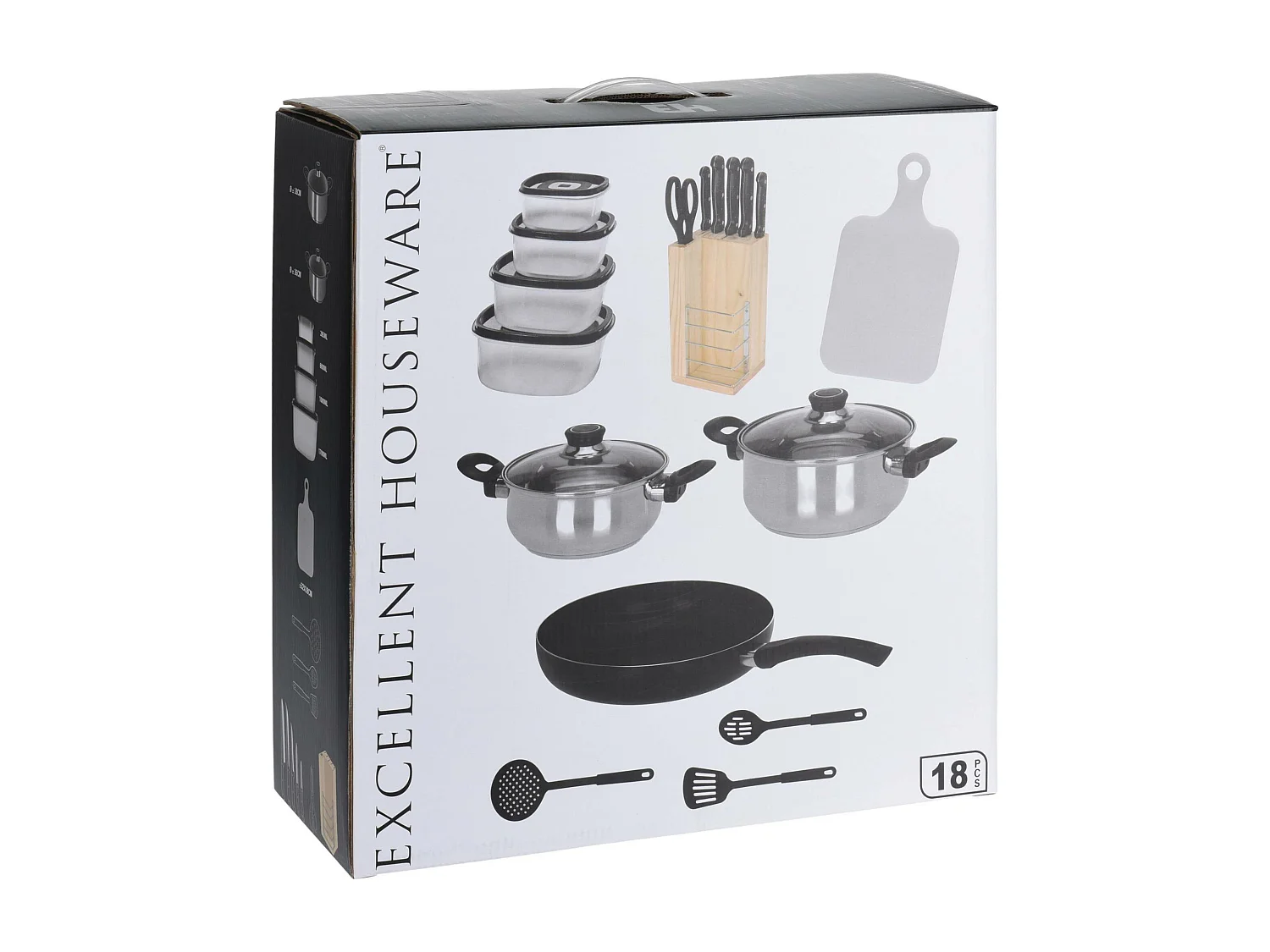 Ensemble de cuisine Well Home 18 pièces (1 poêle à frire + 2 casseroles + 1 planche à découper + 1 ciseaux + 3 ustensiles en nylon + 4 tupperware + 1 bloc en bois