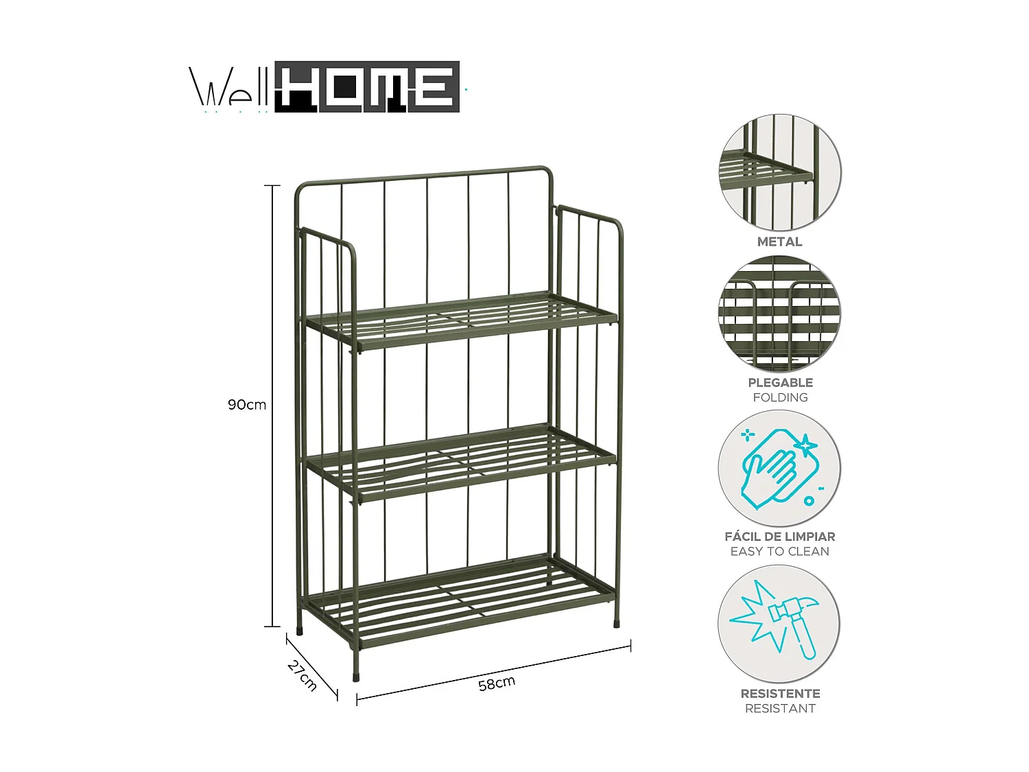 WELL HOME - Jardinière 3 étages en métal vert design pliable H.90