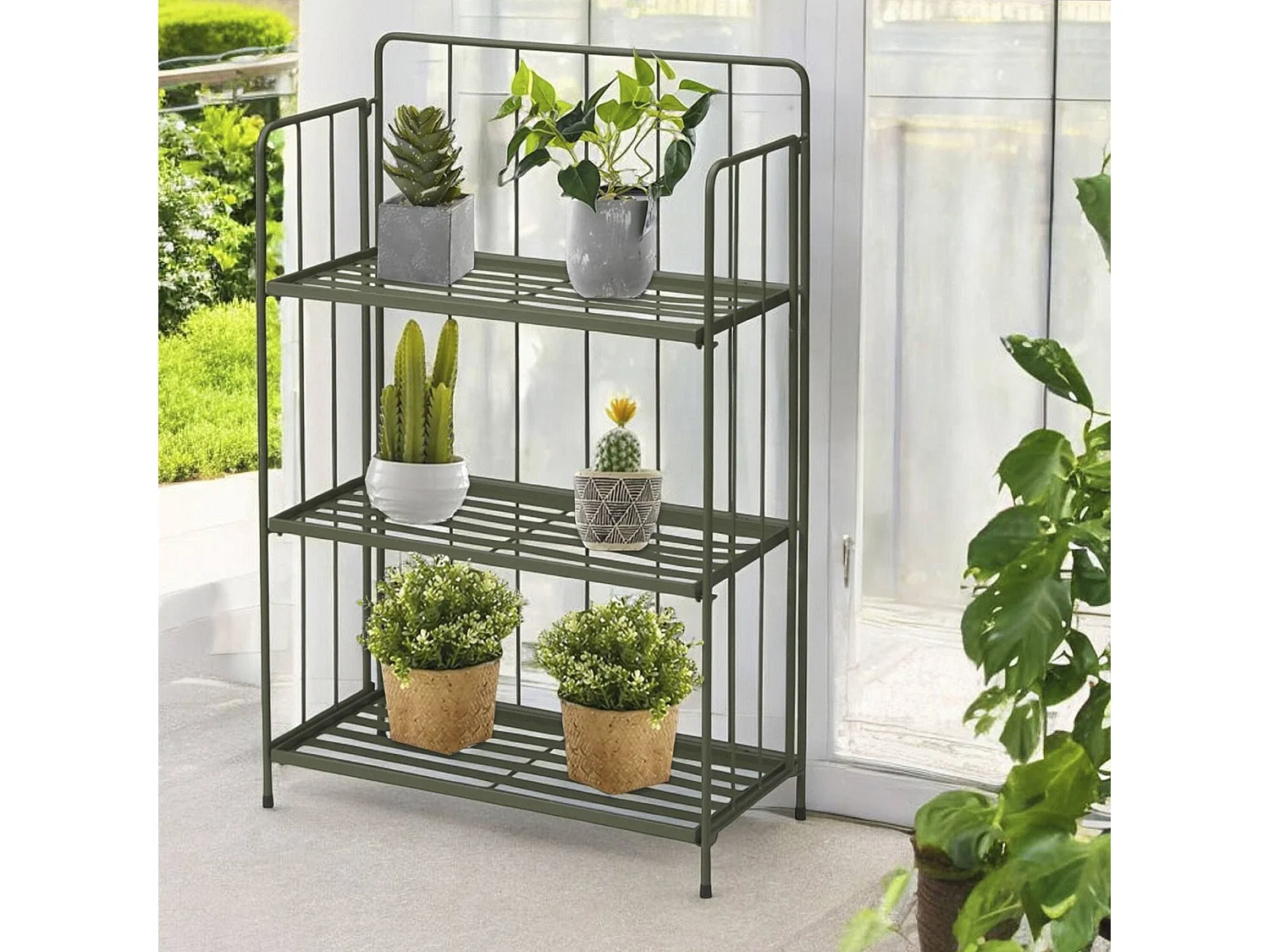 WELL HOME - Jardinière 3 étages en métal vert design pliable H.90