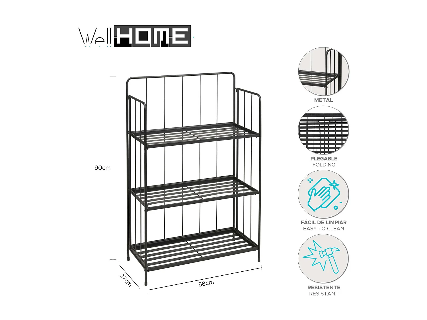 WELL HOME - Jardinière 3 étages en métal noir design pliable H.90