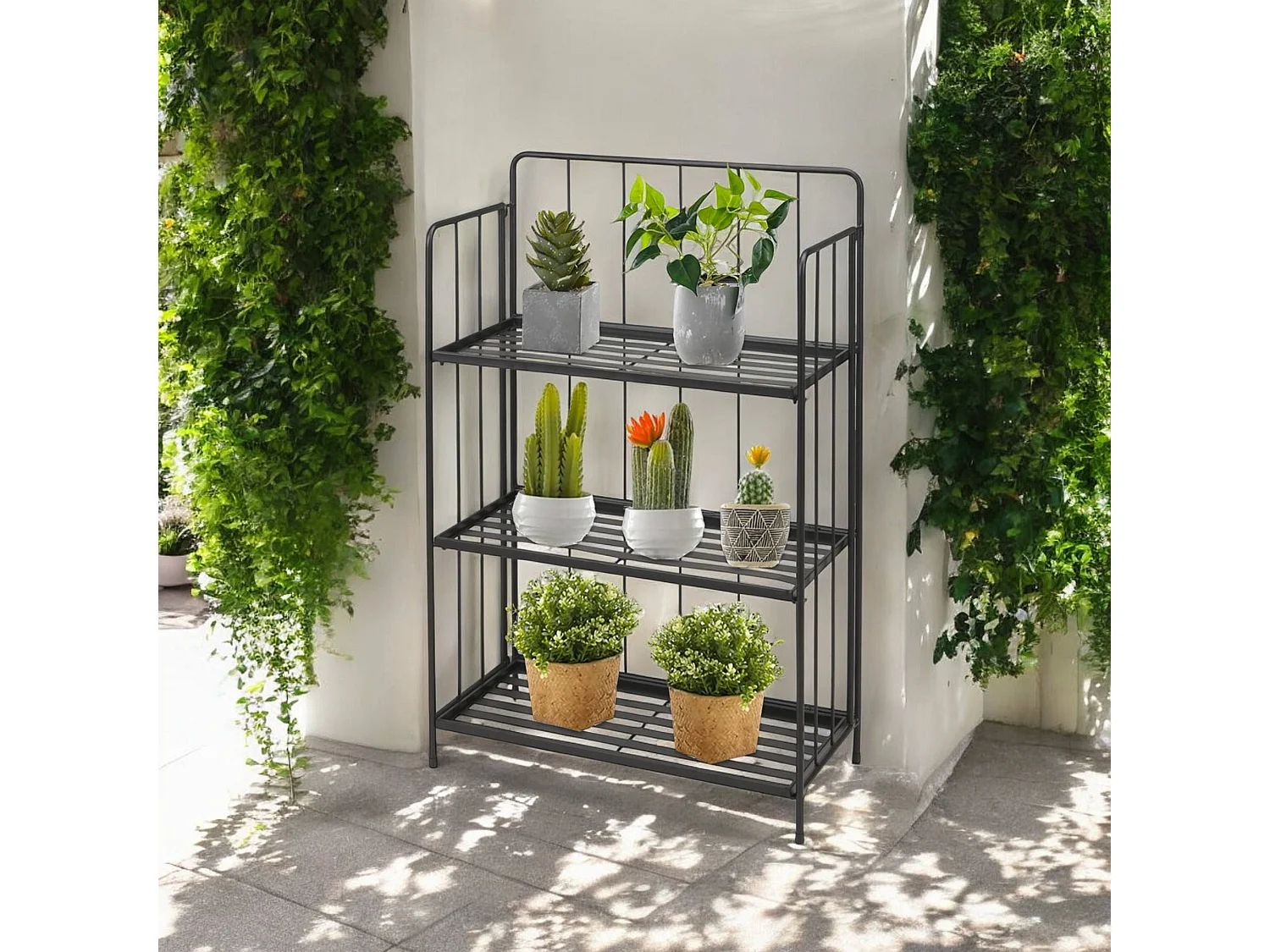 WELL HOME - Jardinière 3 étages en métal noir design pliable H.90