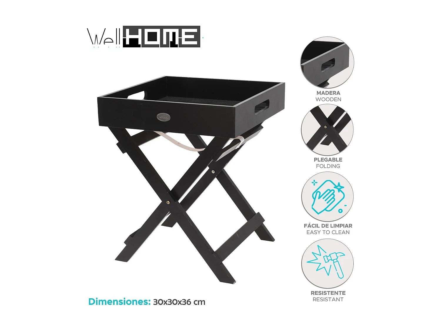 Well Home Plateau de service en bois avec pieds pliants noir 30x30x36cm