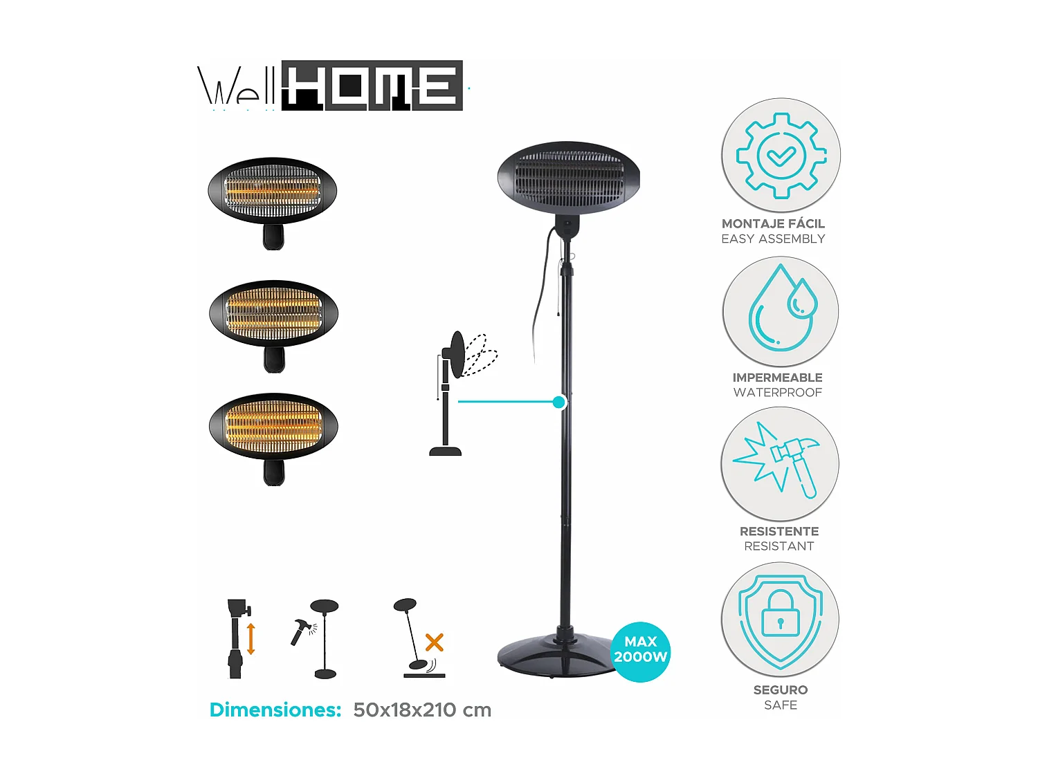 Chauffage mural Well Home avec 3 tubes de quartz 50x18x21cm