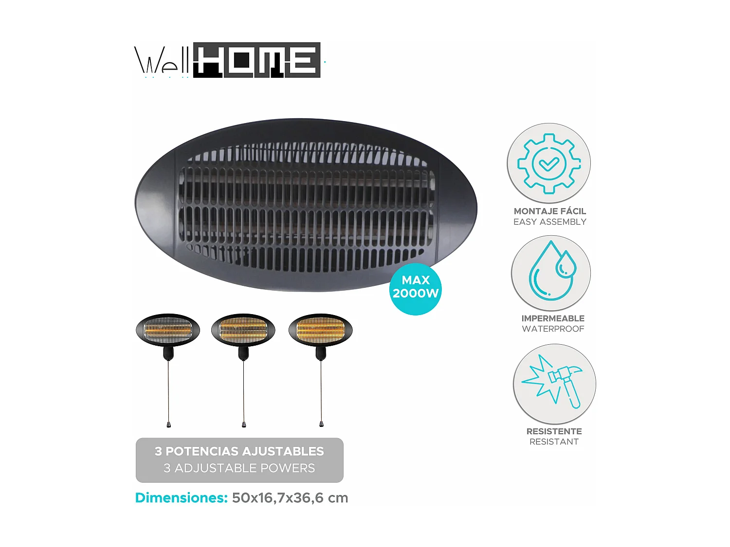 Chauffage mural Well Home avec 3 tubes de quartz 50x16,7x36,6cm