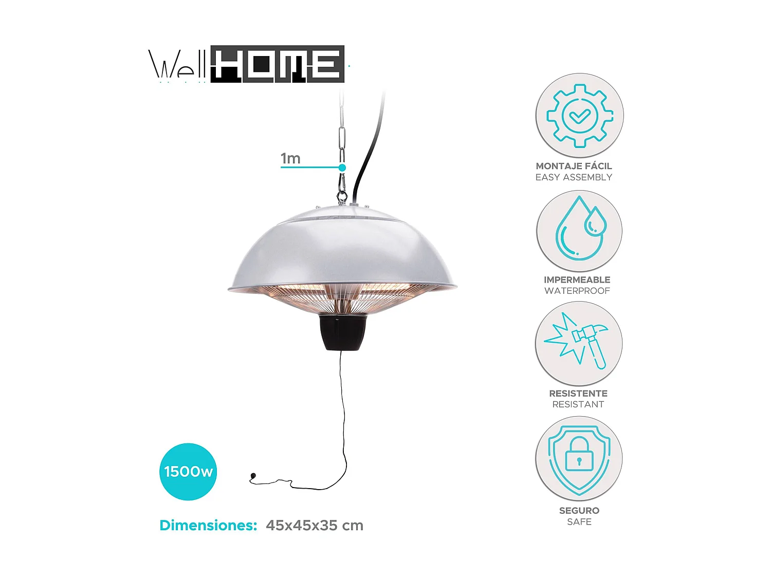 Well Home Chauffage de terrasse modèle suspendu revêtement argent 45x45x35cm