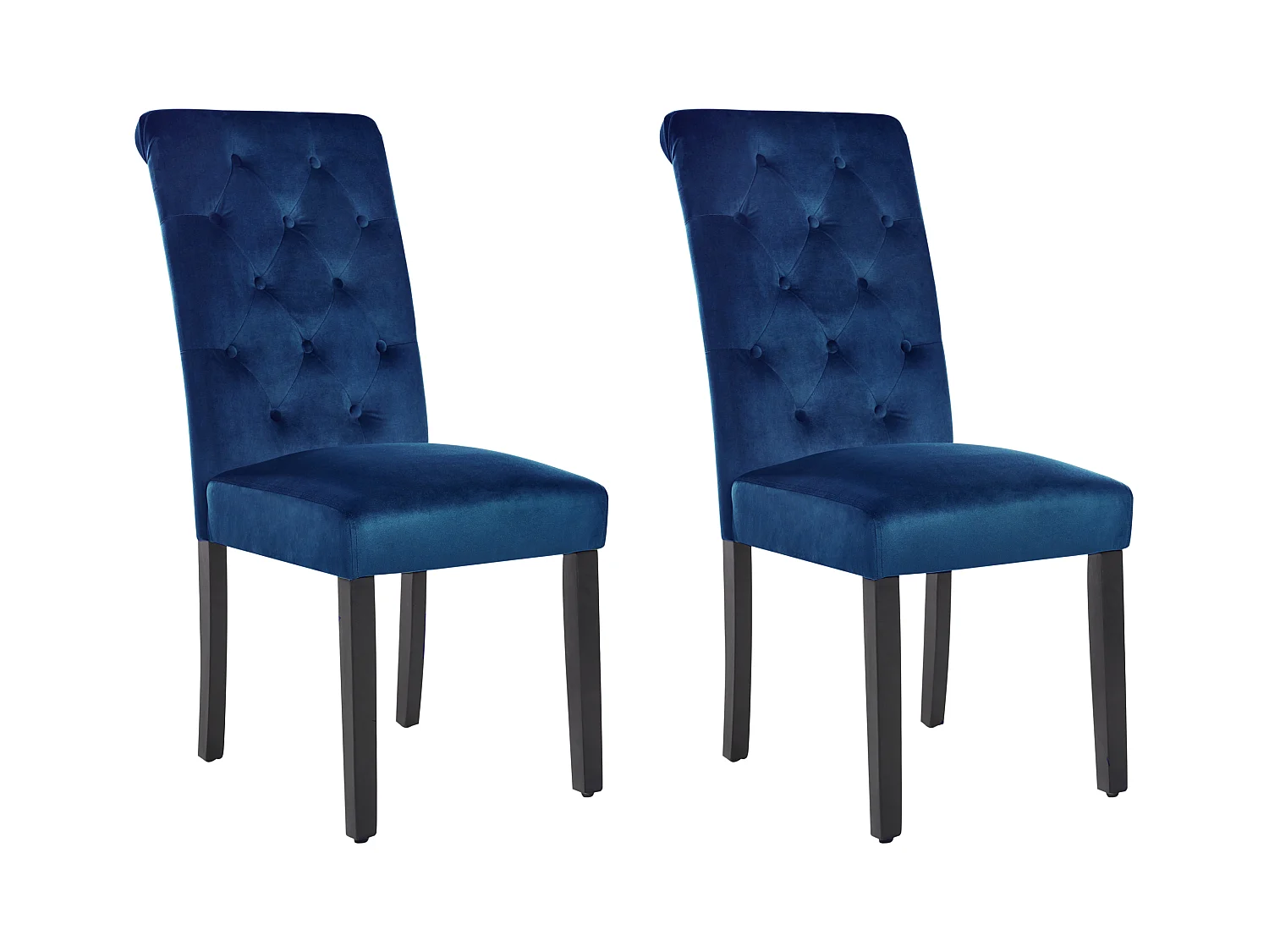 Polsterstuhl 2er Set blau Samtstoff gesteppt mit schwarzen Holzbeinen Velva