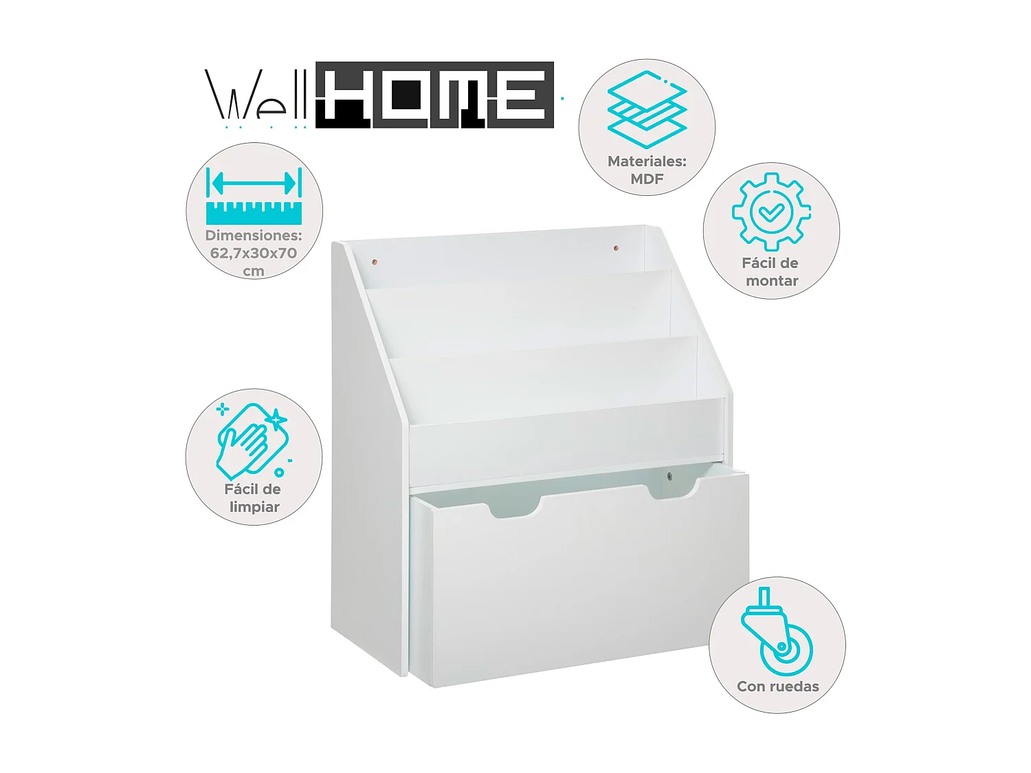 WELL HOME - Bibliothèque et vases pour enfants avec ruote 62,7x30x70 cm