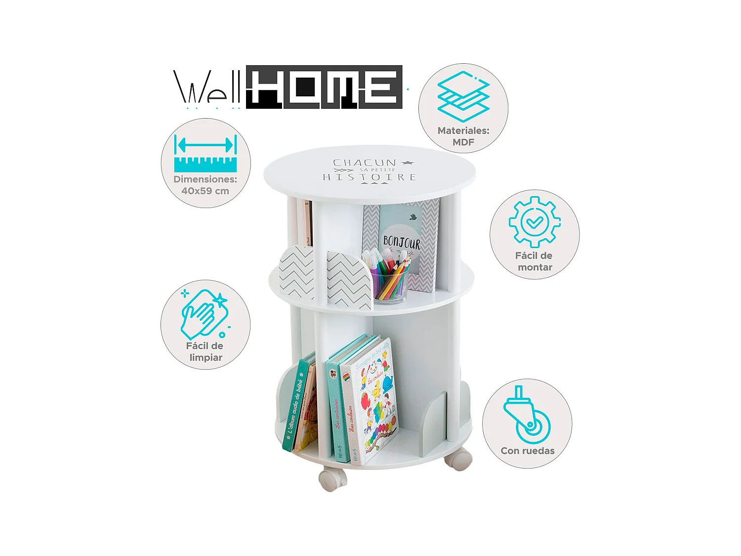 WELL HOME - Bibliothèque pour enfants rotonde gris Ø40x59cm