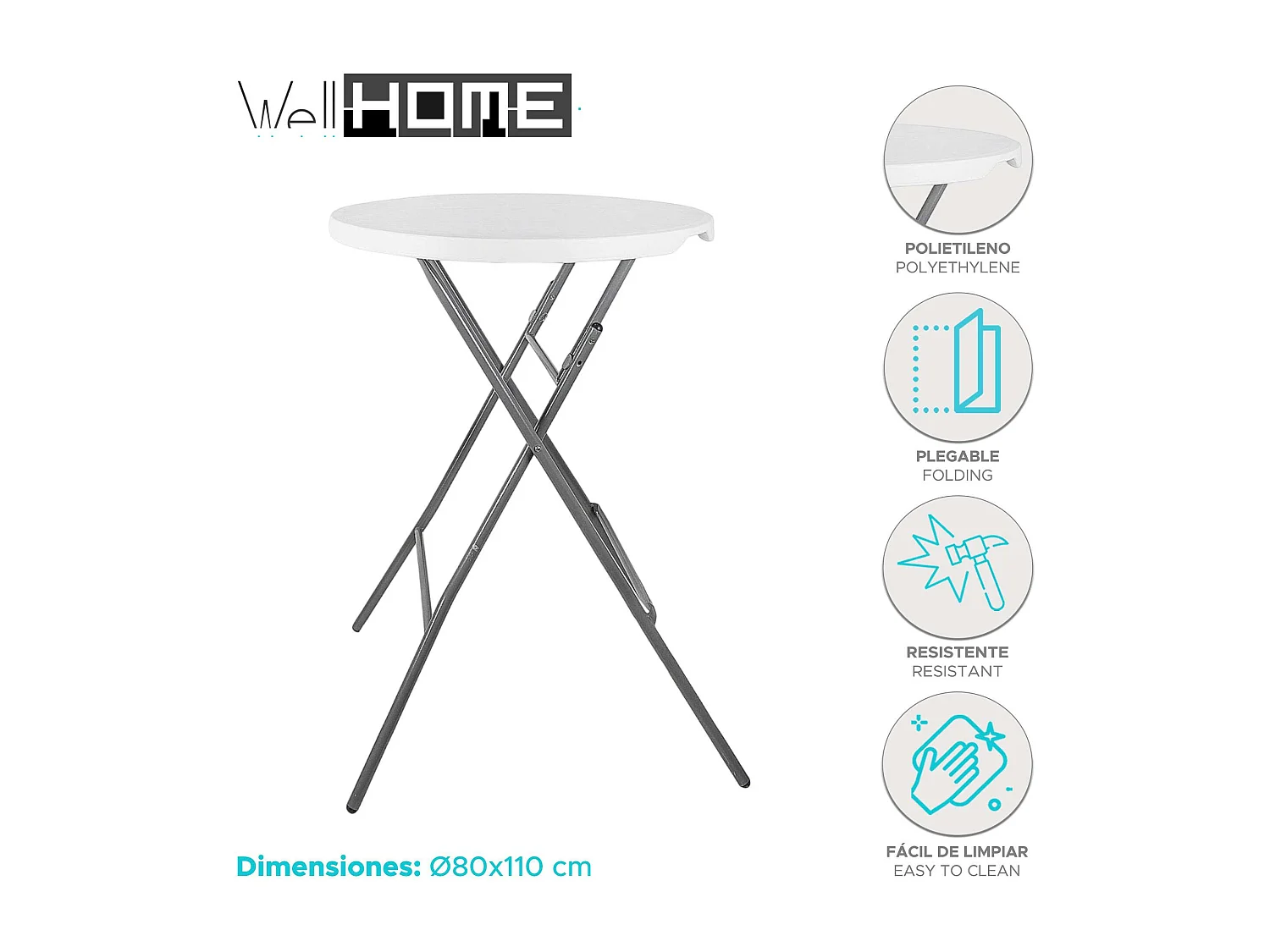 Table de bar en polyéthylène blanc Ø80x110cm