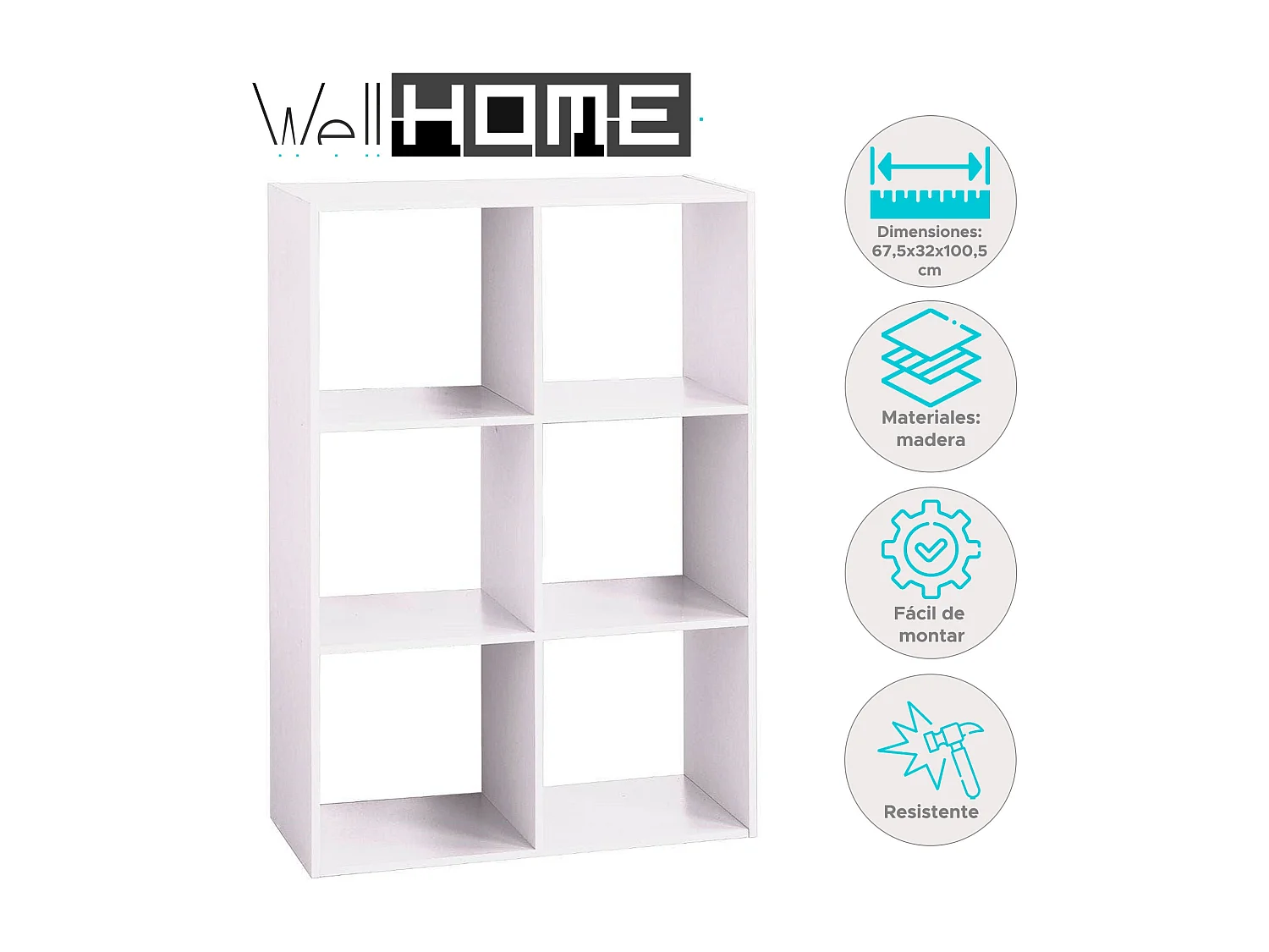 WELL HOME - Etagère en bois 6 compartiments blanc H.100,5