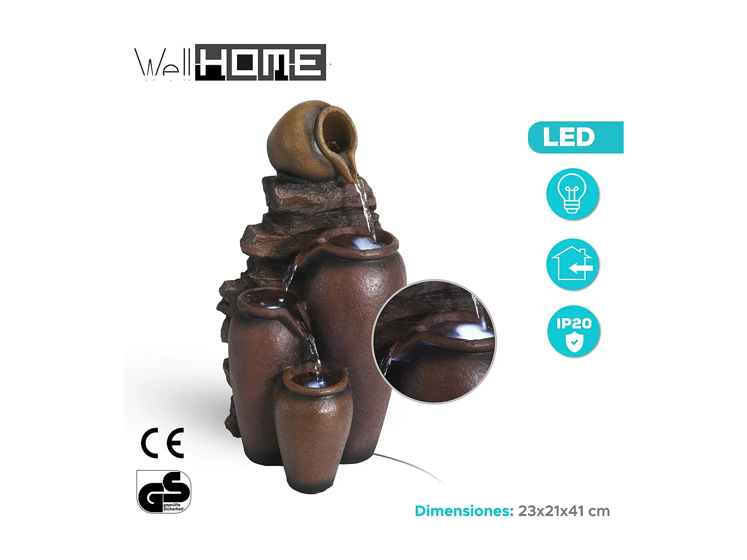 WELL HOME - Fontana di design Anfora avec lumière LED 23x21x41cm