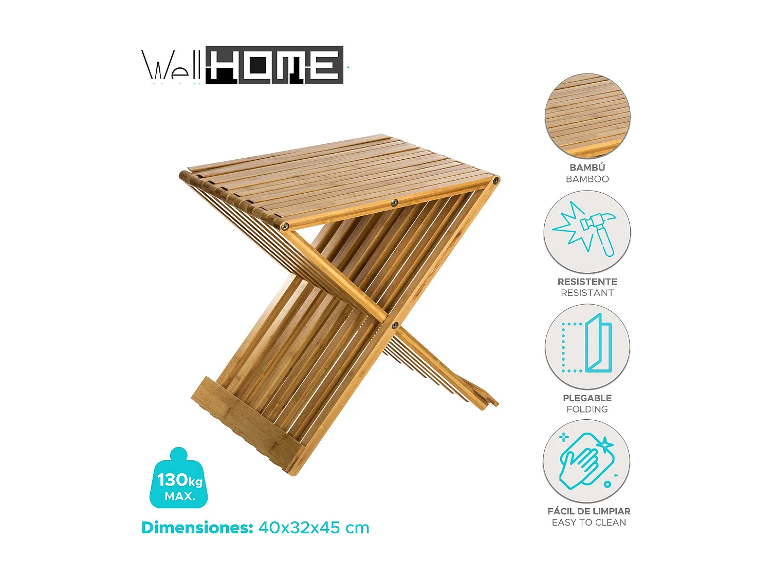 WELL HOME - Tabouret en bambou - 40x32x45 cm