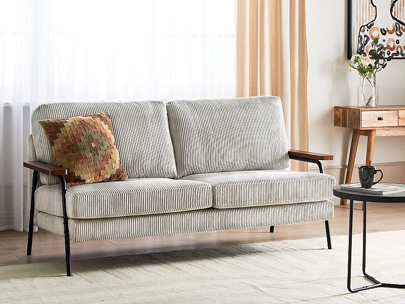 Sofa Cord grau / hellgrau 3-Sitzer gepolstert Holz Armlehnen Wohnzimmer Arkanes